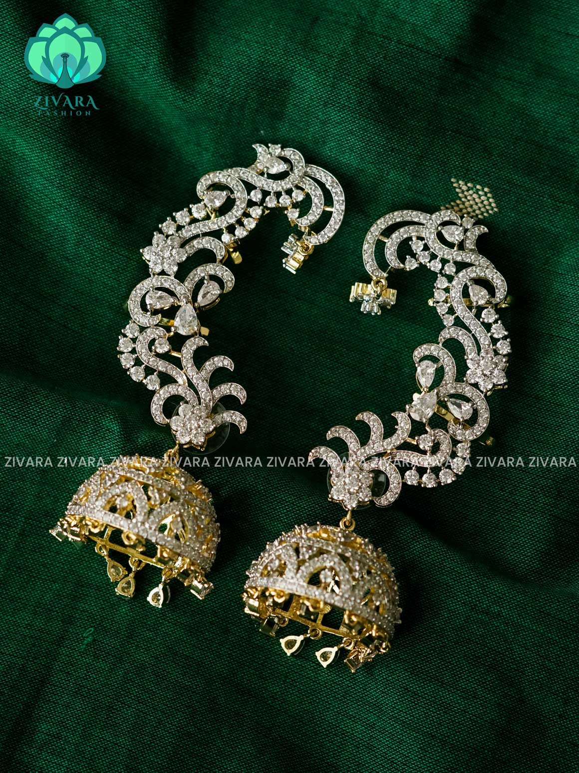 WHITE AD STONE EARCUFF JHUMKA - Rhodium polish - latest jewellery collection- zivara fashion