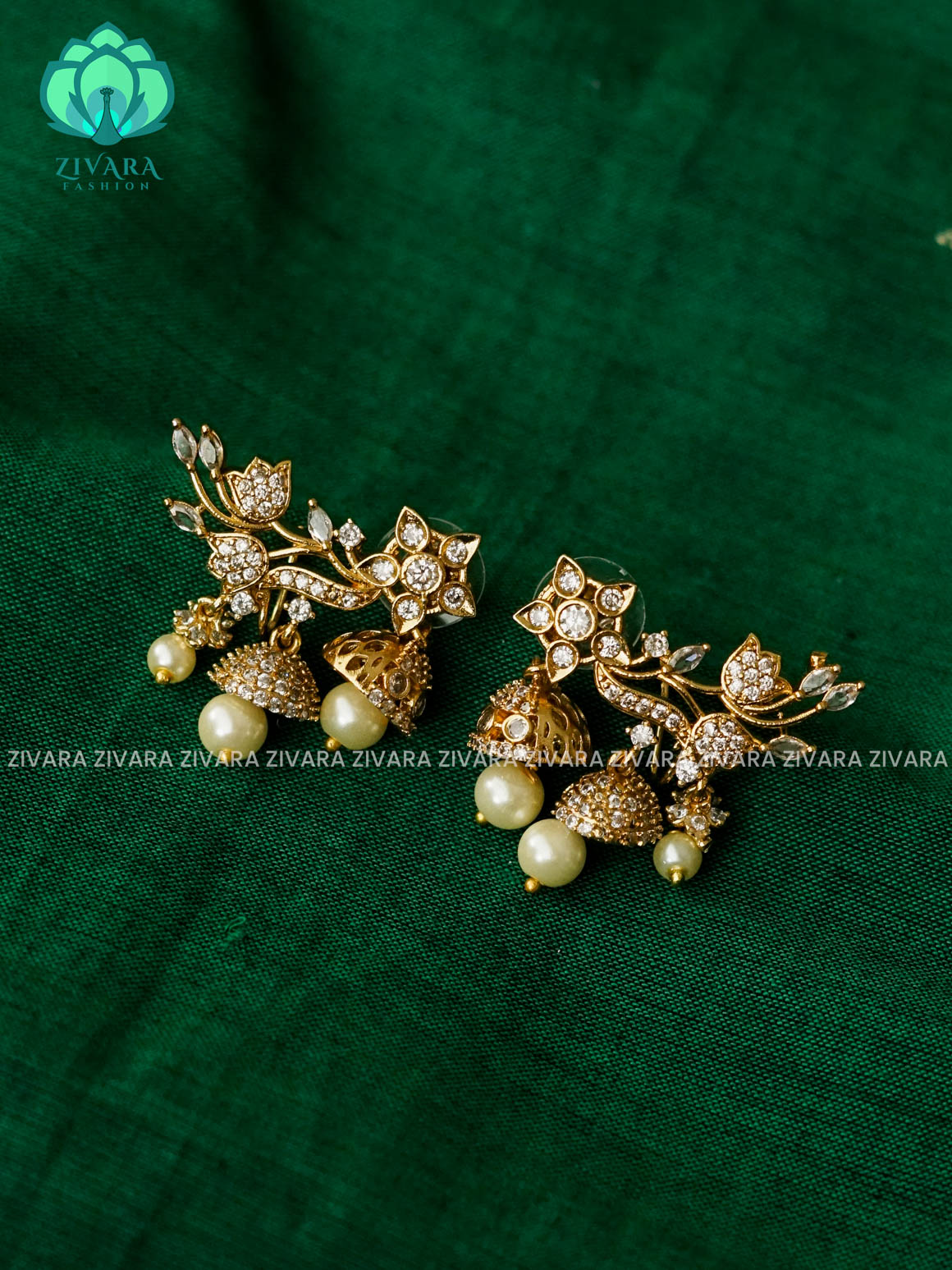 WHITE STONE FLOWER MINI EARCUFF DOUBLE JHUMKA - Bridal PREMIUM MATTE  polish JHUMKA- latest jewellery collection- zivara fashion