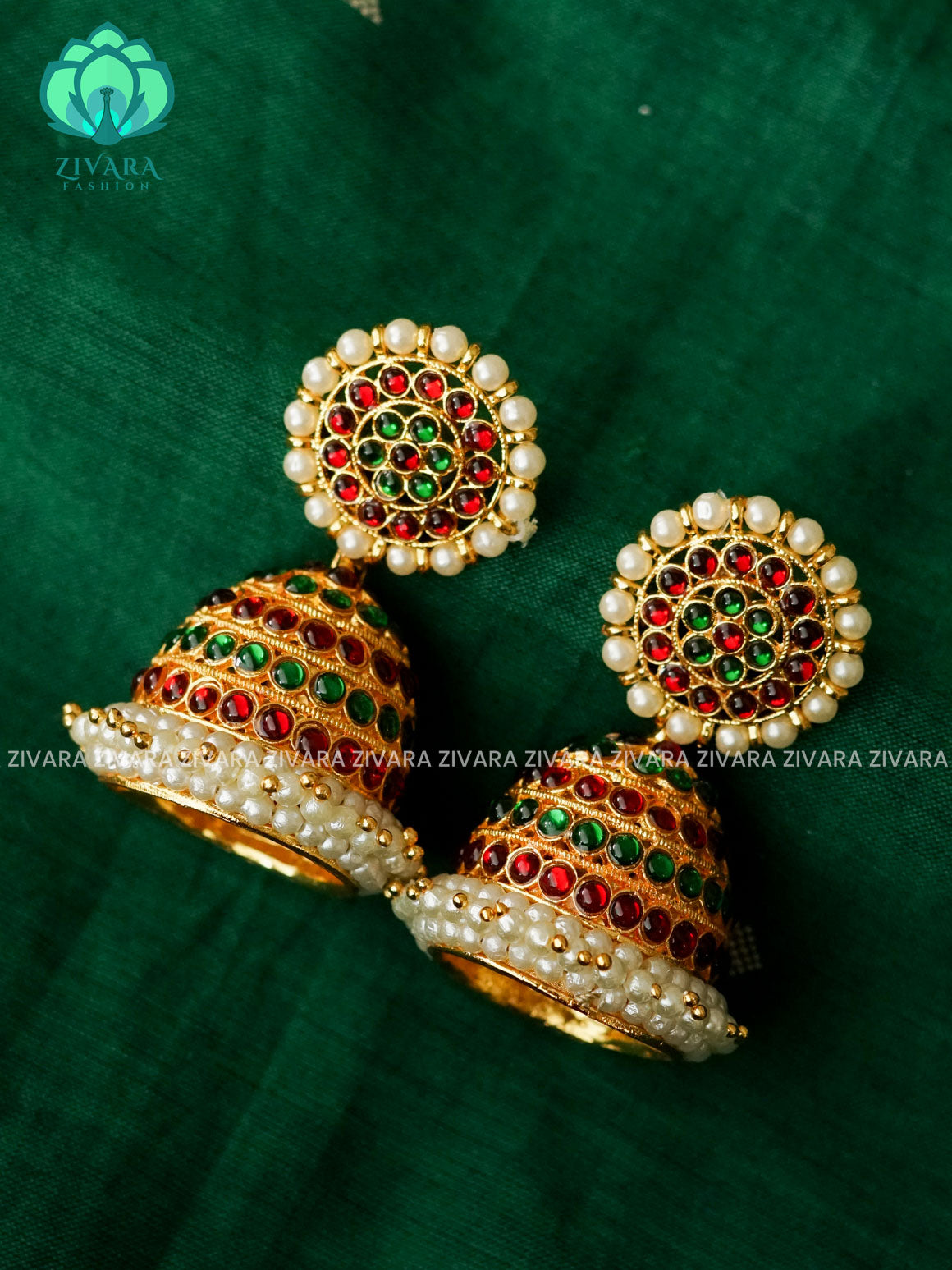 RED AND GREEN  -TRADITIONAL KEMP JUMBO SIZE PROMINENT JHUMKA - latest kemp dance jewellery collection