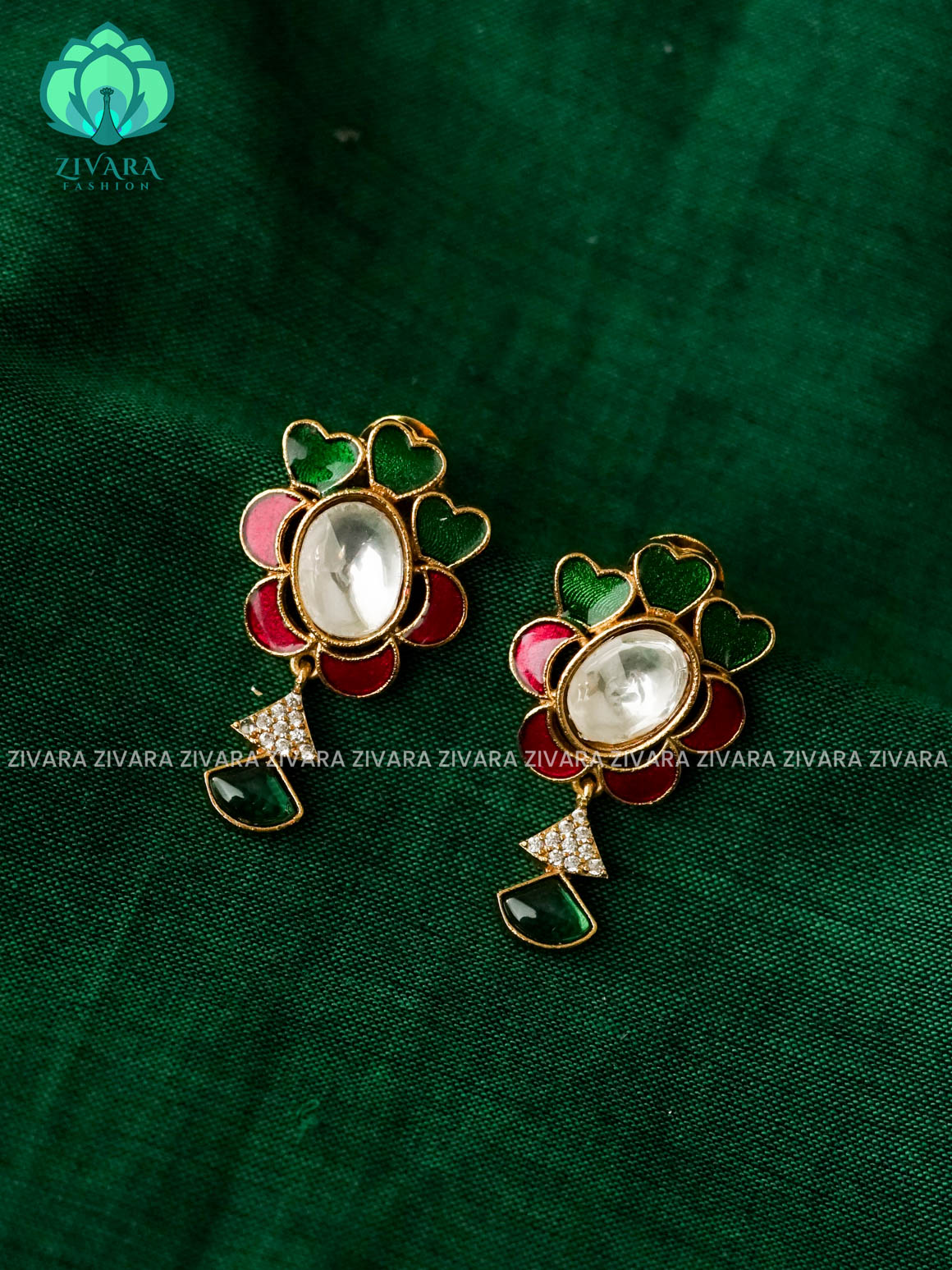 JADAU FLOWER HEARTLY STUDS  - latest jewellery collection- zivara fashion