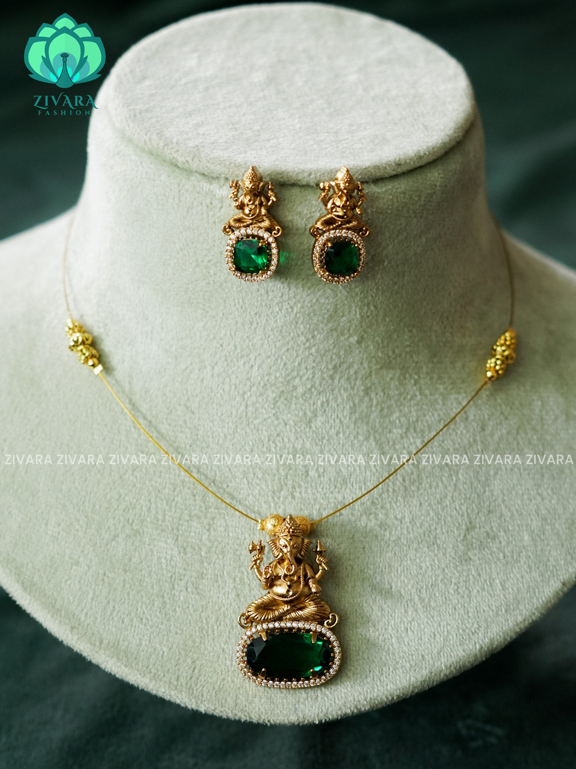 GANESHA GREEN STONE PENDANT - TAMARA pendant INVISIBLE MINIMAL ELEGANT HANDMADE NECKLACE WITH BRILLIANT FINISH MOTIFS- ZIVARA FASHION
