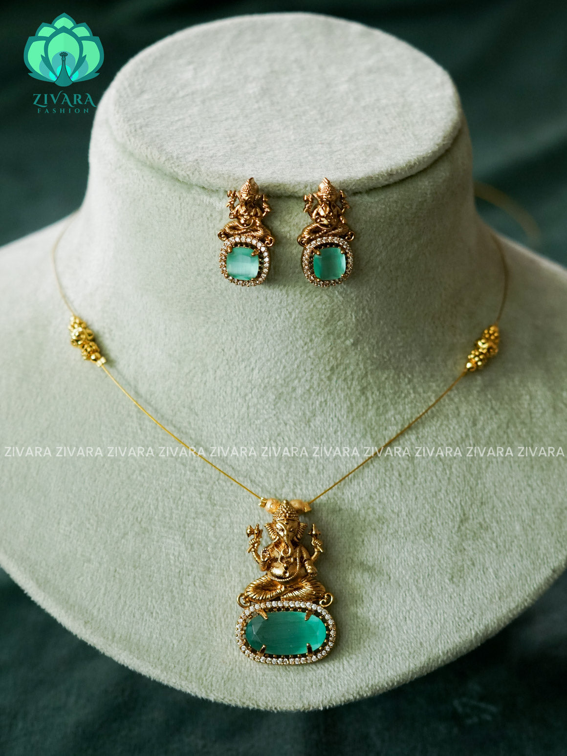 GANESHA PASTEL GREEN STONE PENDANT - TAMARA pendant INVISIBLE MINIMAL ELEGANT HANDMADE NECKLACE WITH BRILLIANT FINISH MOTIFS- ZIVARA FASHION