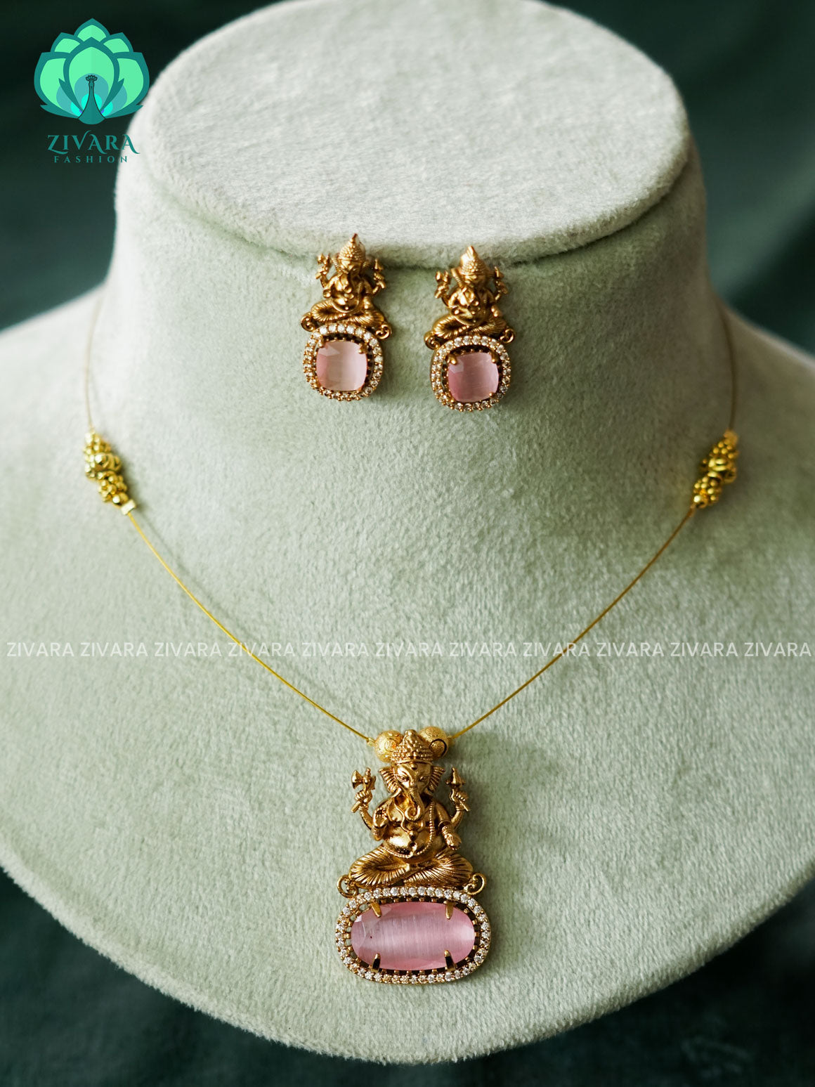 GANESHA PASTEL PINK STONE PENDANT - TAMARA pendant INVISIBLE MINIMAL ELEGANT HANDMADE NECKLACE WITH BRILLIANT FINISH MOTIFS- ZIVARA FASHION