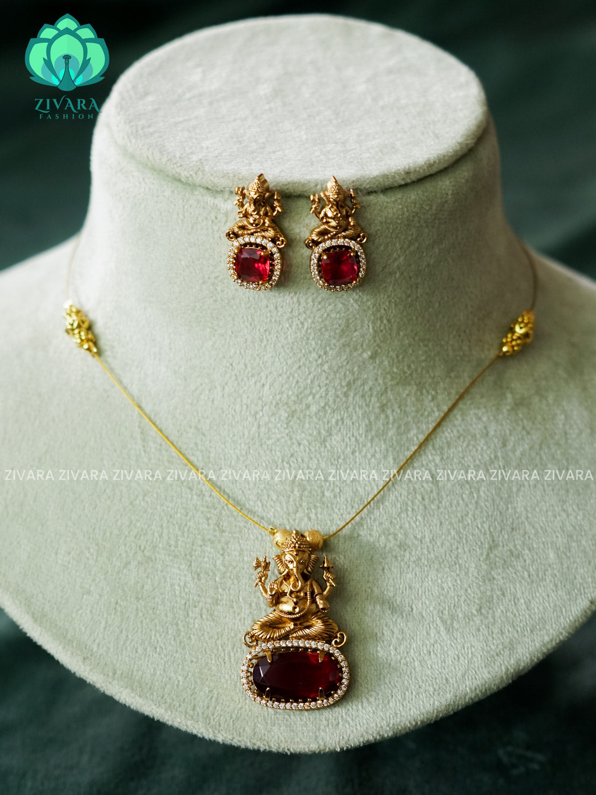GANESHA RUBY STONE PENDANT - TAMARA pendant INVISIBLE MINIMAL ELEGANT HANDMADE NECKLACE WITH BRILLIANT FINISH MOTIFS- ZIVARA FASHION