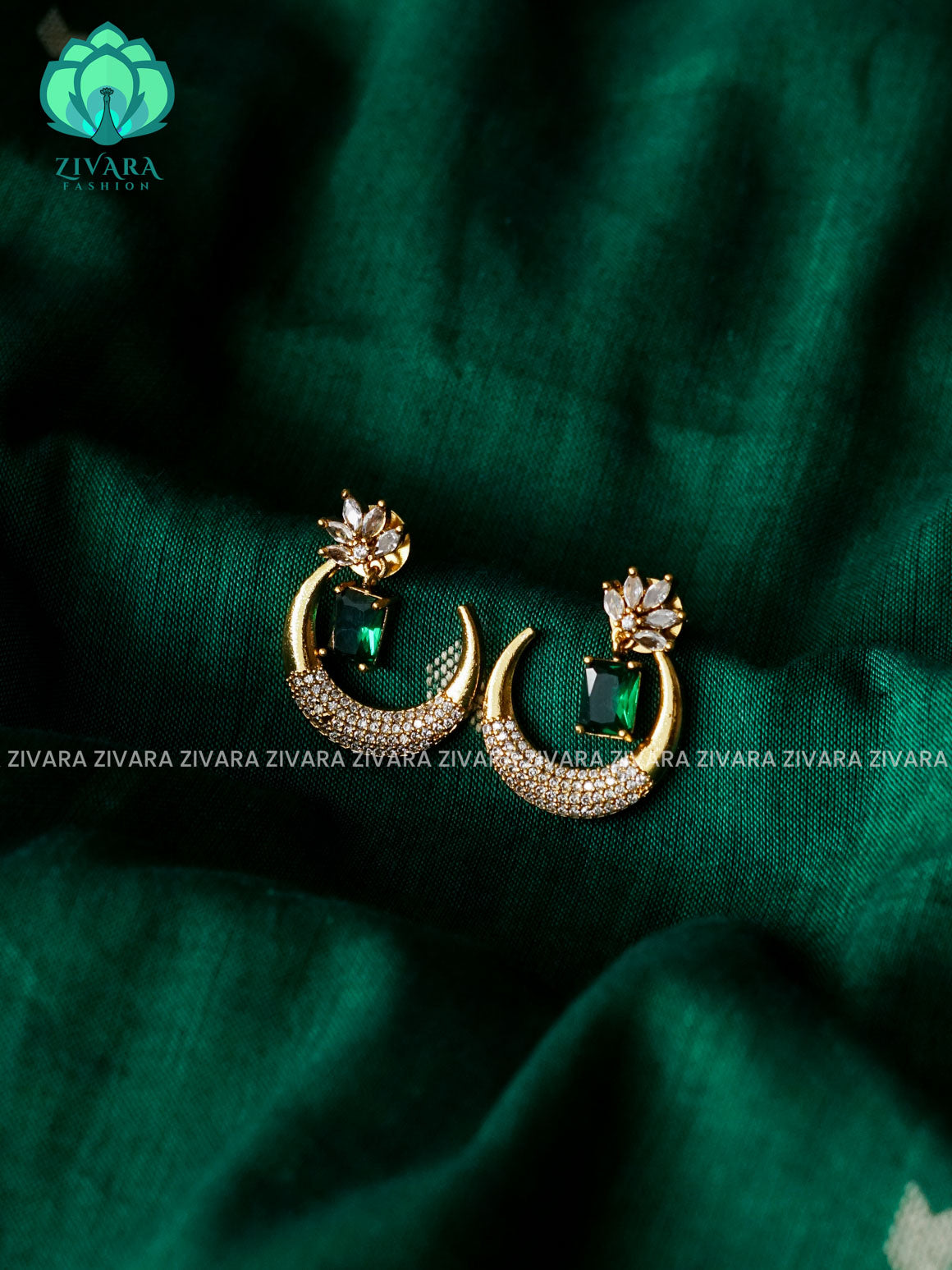 GREEN STONE FLOWER MOON STUD - latest jewellery collection- zivara fashion