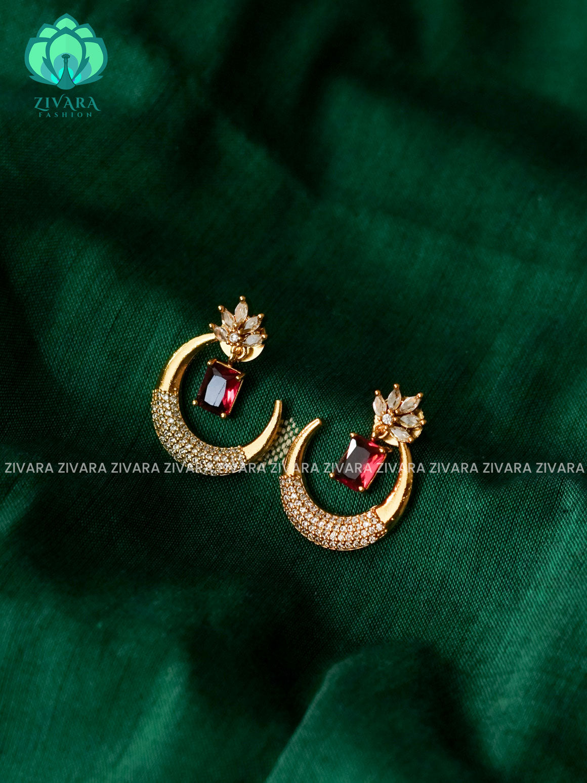 RUBY STONE FLOWER MOON STUD - latest jewellery collection- zivara fashion