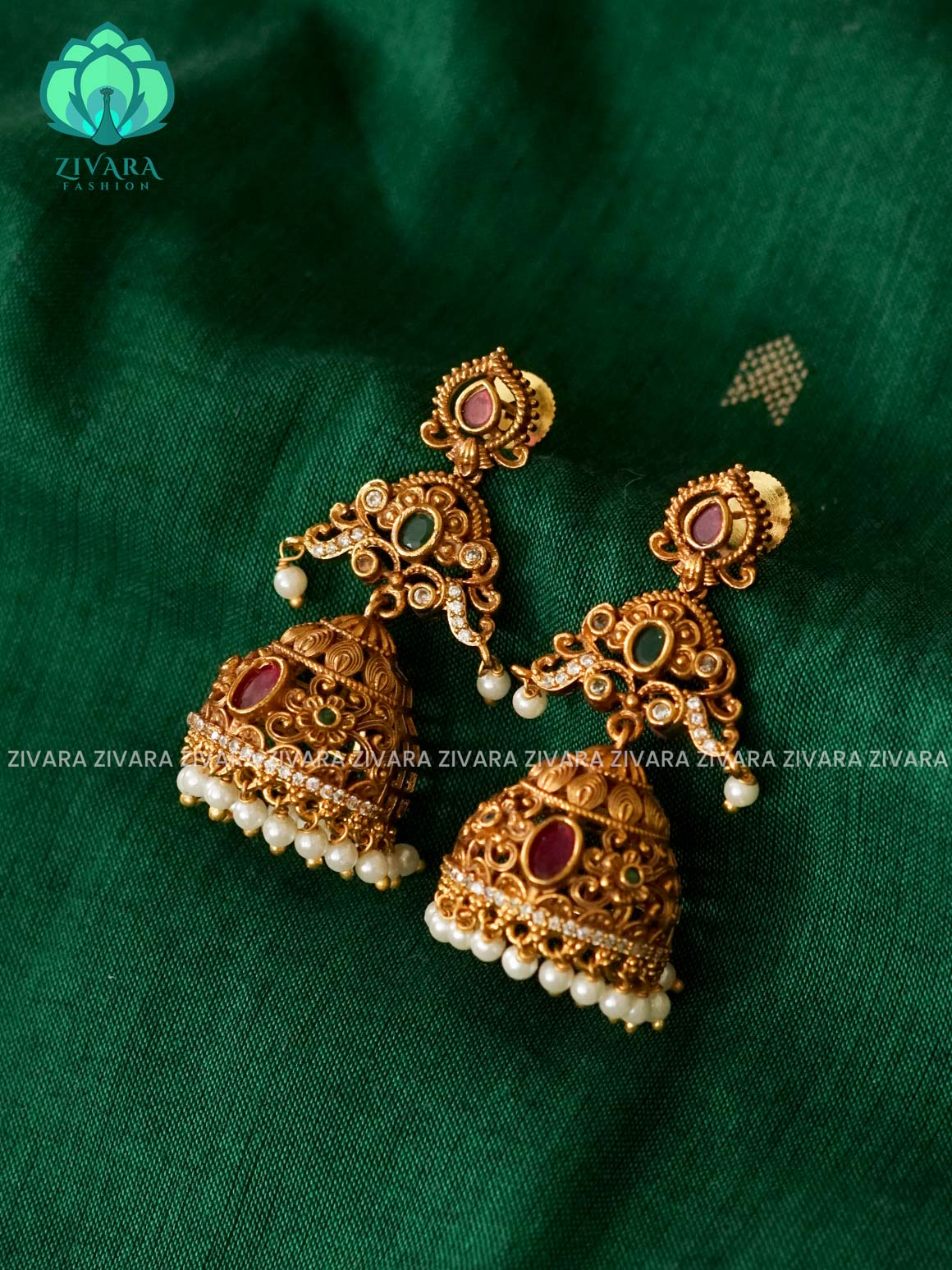 RUBY GREEN STONE Hotselling jhumka with hangings - latest trending collection - zivara fashion