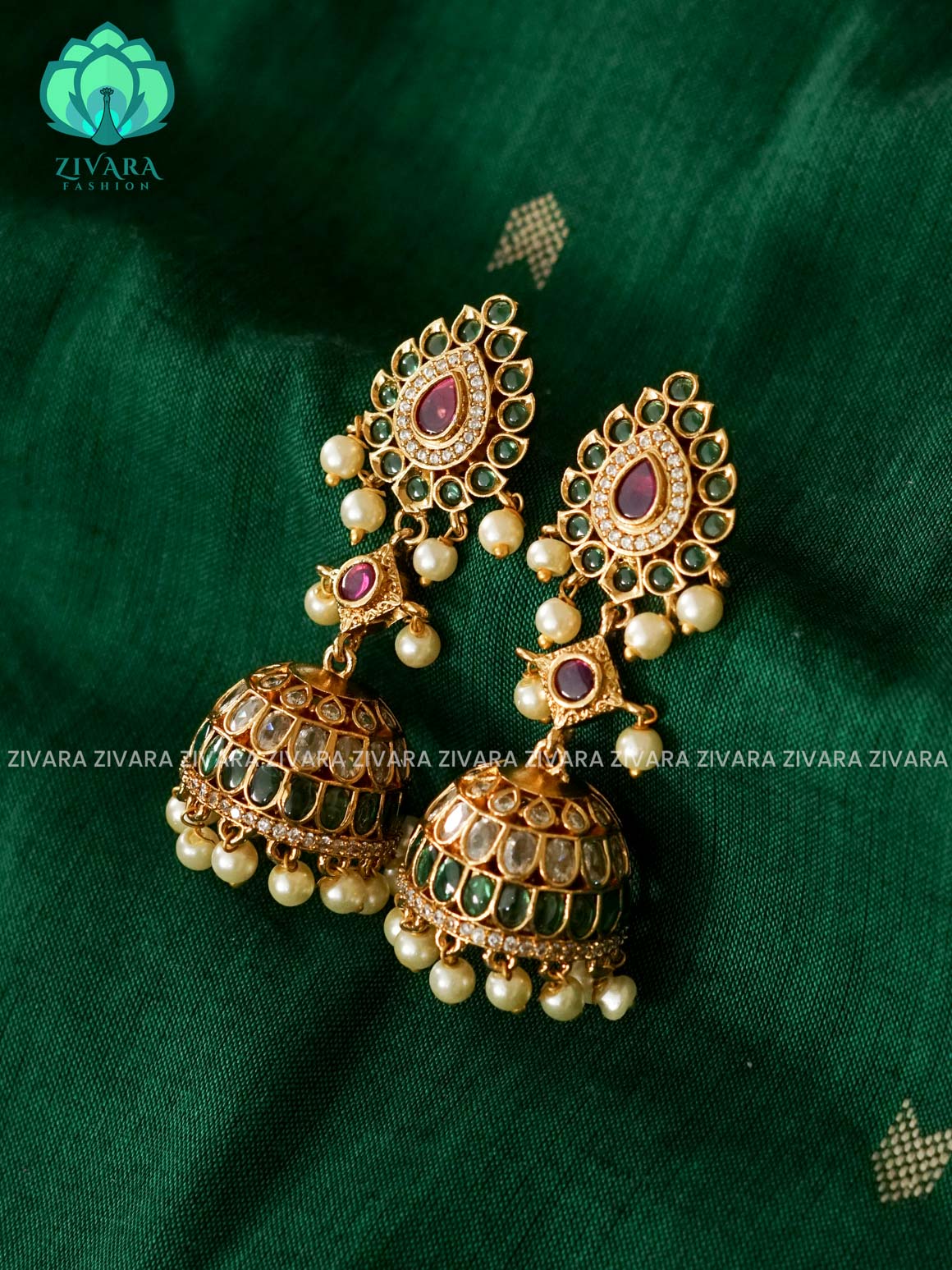 GREEN STONE REAL KEMP  Hotselling jhumka - latest trending collection - zivara fashion