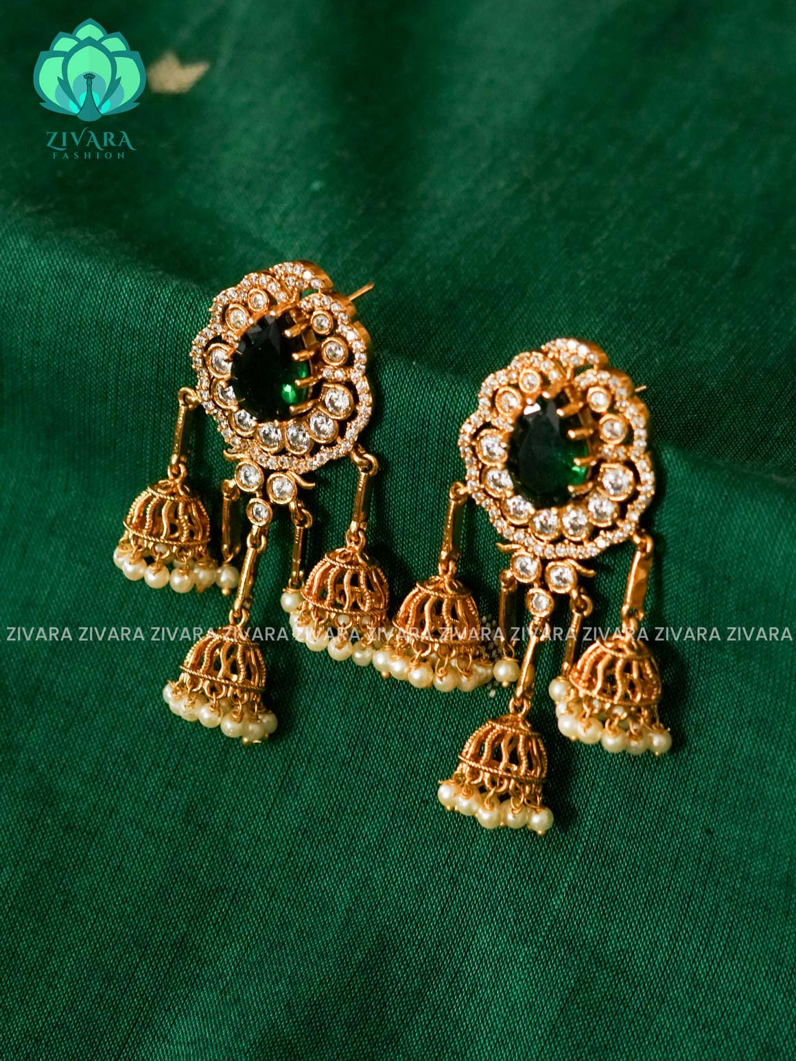 DIYA - GREEN MINI CHANDELIER JHUMKA -  PREMIUM MATTE polish - latest jewellery collection- zivara fashion