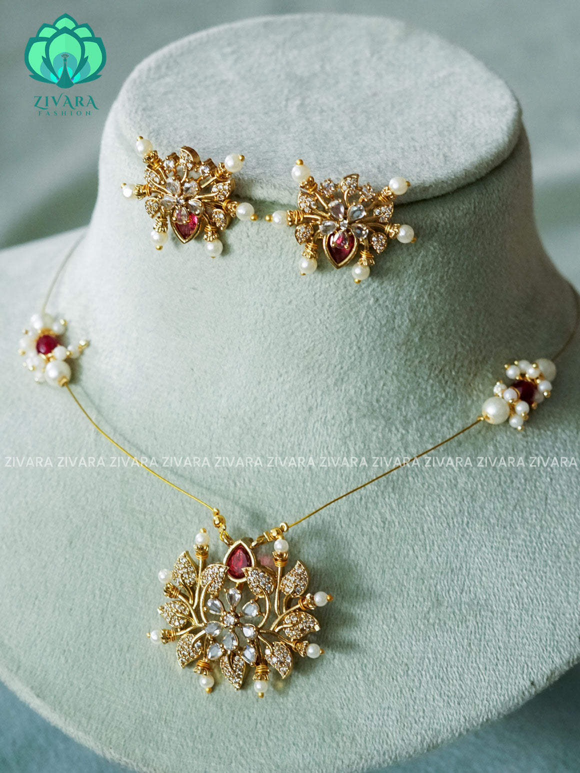 RUBY STONE LEAF - TAMARA pendant INVISIBLE MINIMAL ELEGANT HANDMADE NECKLACE WITH BRILLIANT FINISH MOTIFS- ZIVARA FASHION
