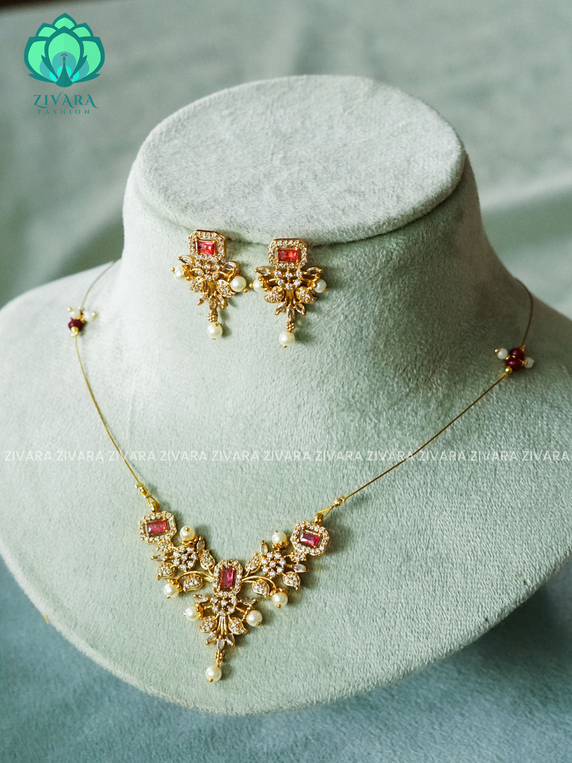 RUBY WHITE STONE LEAF - TAMARA pendant INVISIBLE MINIMAL ELEGANT HANDMADE NECKLACE WITH BRILLIANT FINISH MOTIFS- ZIVARA FASHION