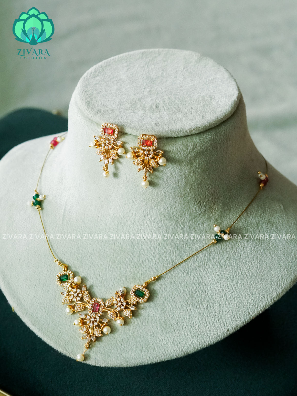 RUBY GREEN WHITE STONE LEAF - TAMARA pendant INVISIBLE MINIMAL ELEGANT HANDMADE NECKLACE WITH BRILLIANT FINISH MOTIFS- ZIVARA FASHION