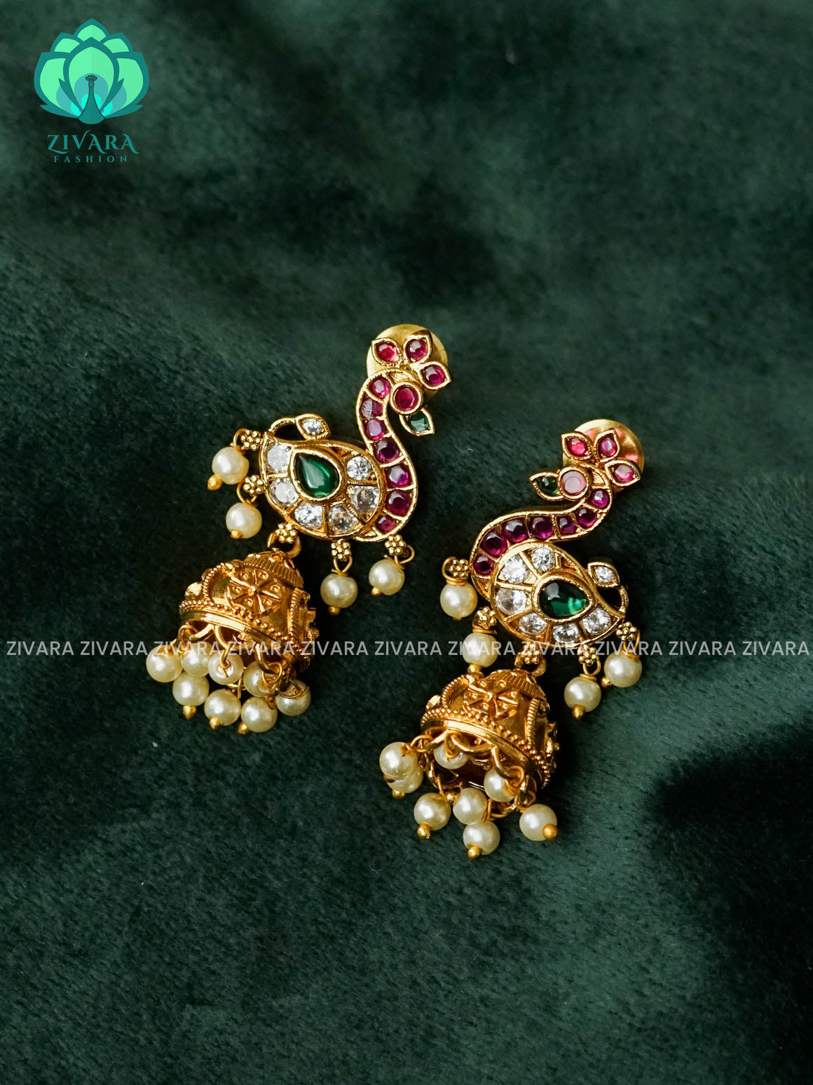 RUBY GREEN REAL KEMP STONE PEACOCK JHUMKA- Bridal PREMIUM MATTE  polish JHUMKA- latest jewellery collection- zivara fashion