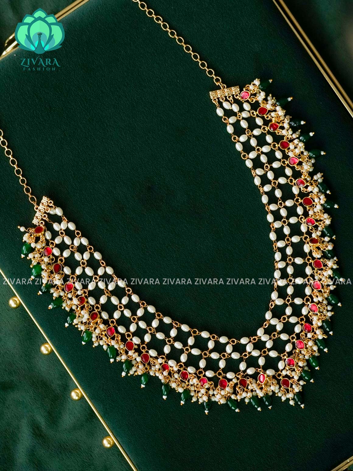 BRIDAL TEAR  GUTTAPUSALU WITH GREEN BEADS HANGINGS - Traditional PREMIUM MATTE polish MIDCHEST haaram/neckwear with earrings- Zivara Fashion
