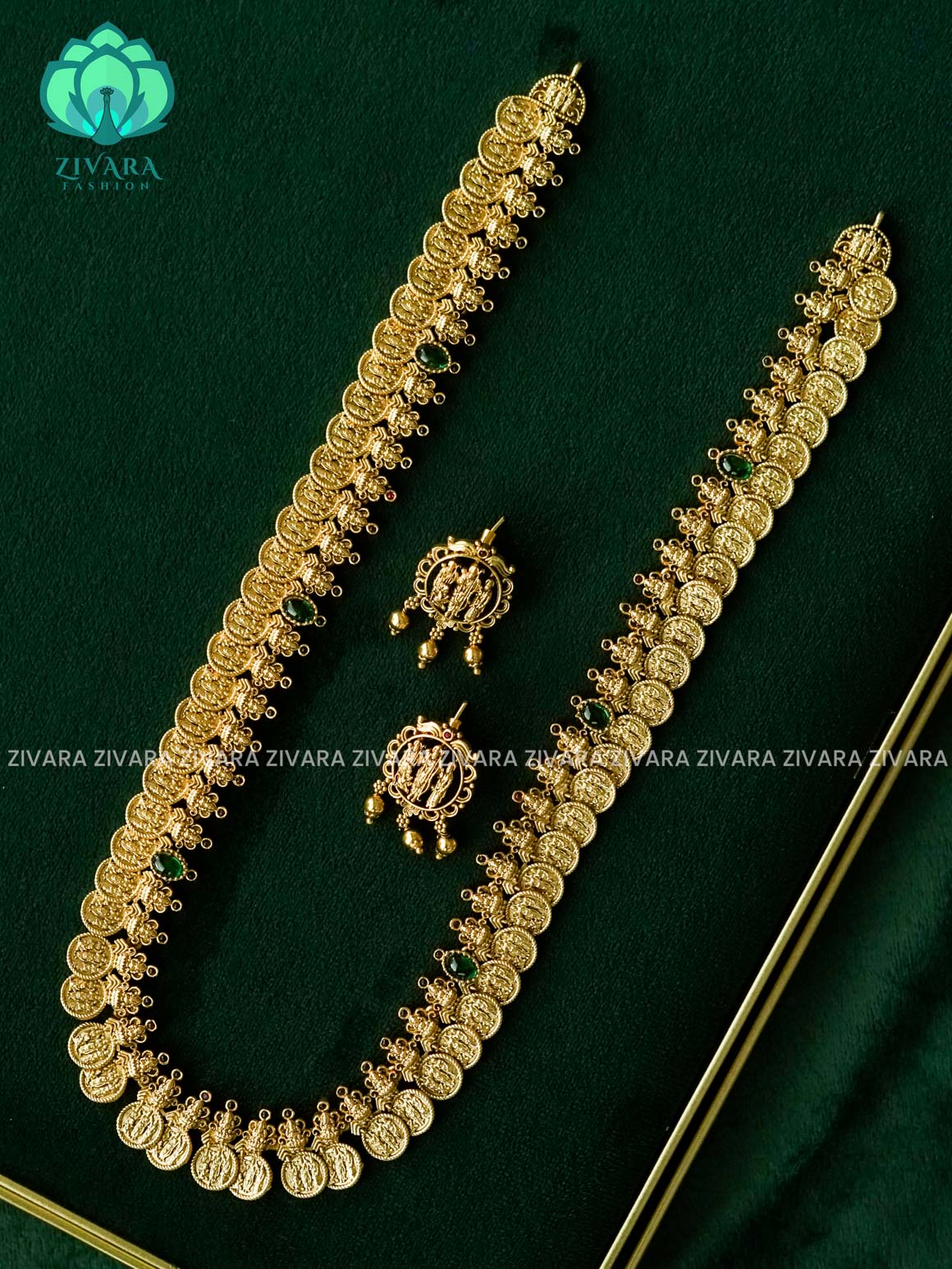 GREEN STONE TEMPLE COIN RAM PARIVAR haaram/midchest Premium Matte Finish - Zivara Fashion