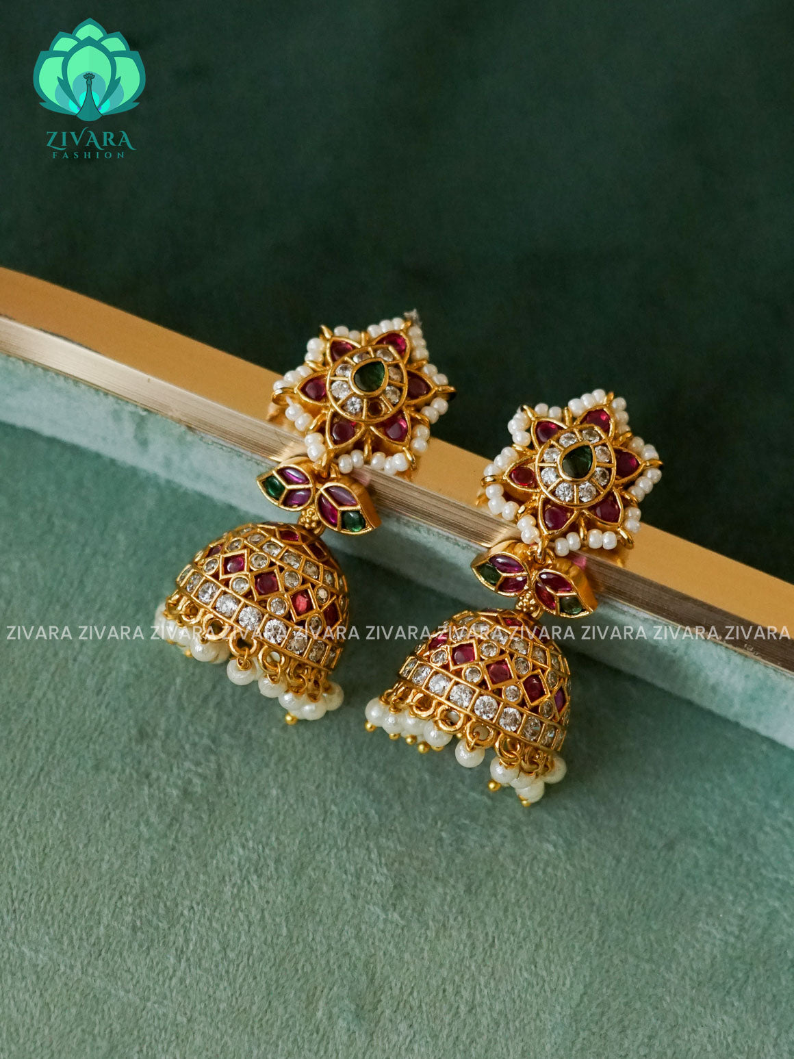 RUBY GREEN REAL KEMP STONE FLOWER JHUMKA- Bridal PREMIUM MATTE  polish JHUMKA- latest jewellery collection- zivara fashion