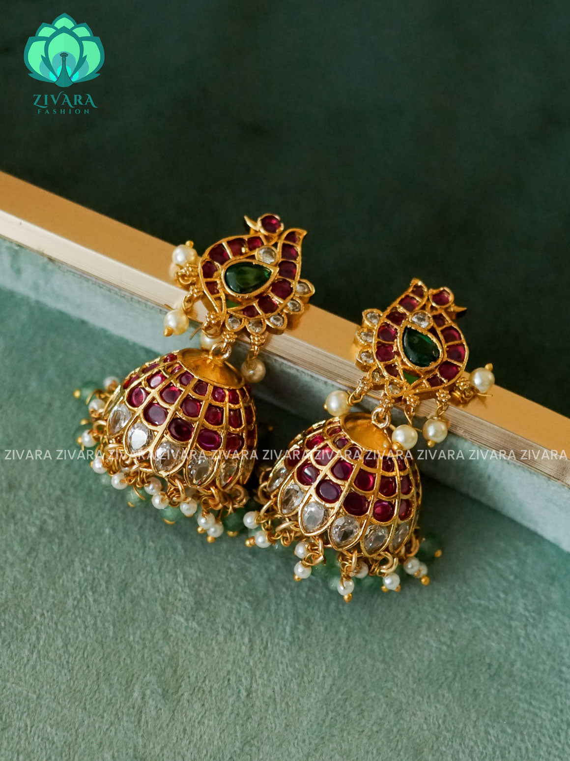 RUBY GREEN STONE PEACOCK JHUMKA- Bridal PREMIUM MATTE  polish JHUMKA- latest jewellery collection- zivara fashion