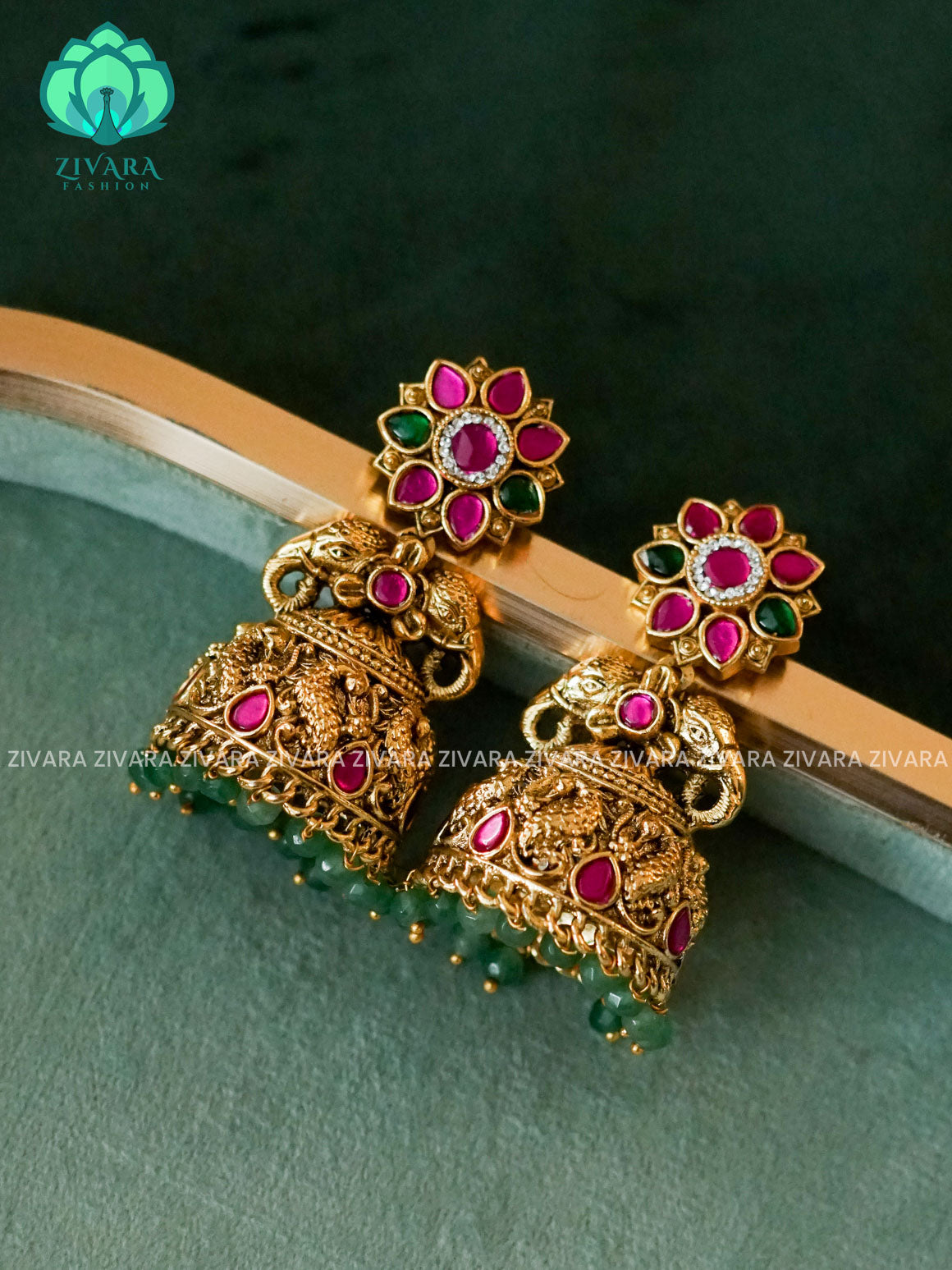 DIYA- EXUBERANT JADAU LOOK A- LIKE JHUMKAS WITH GREEN BEADS HANGINGS - TRADITIONAL PREMIUM MATTE  polish JHUMKA- latest jewellery collection- zivara fashion