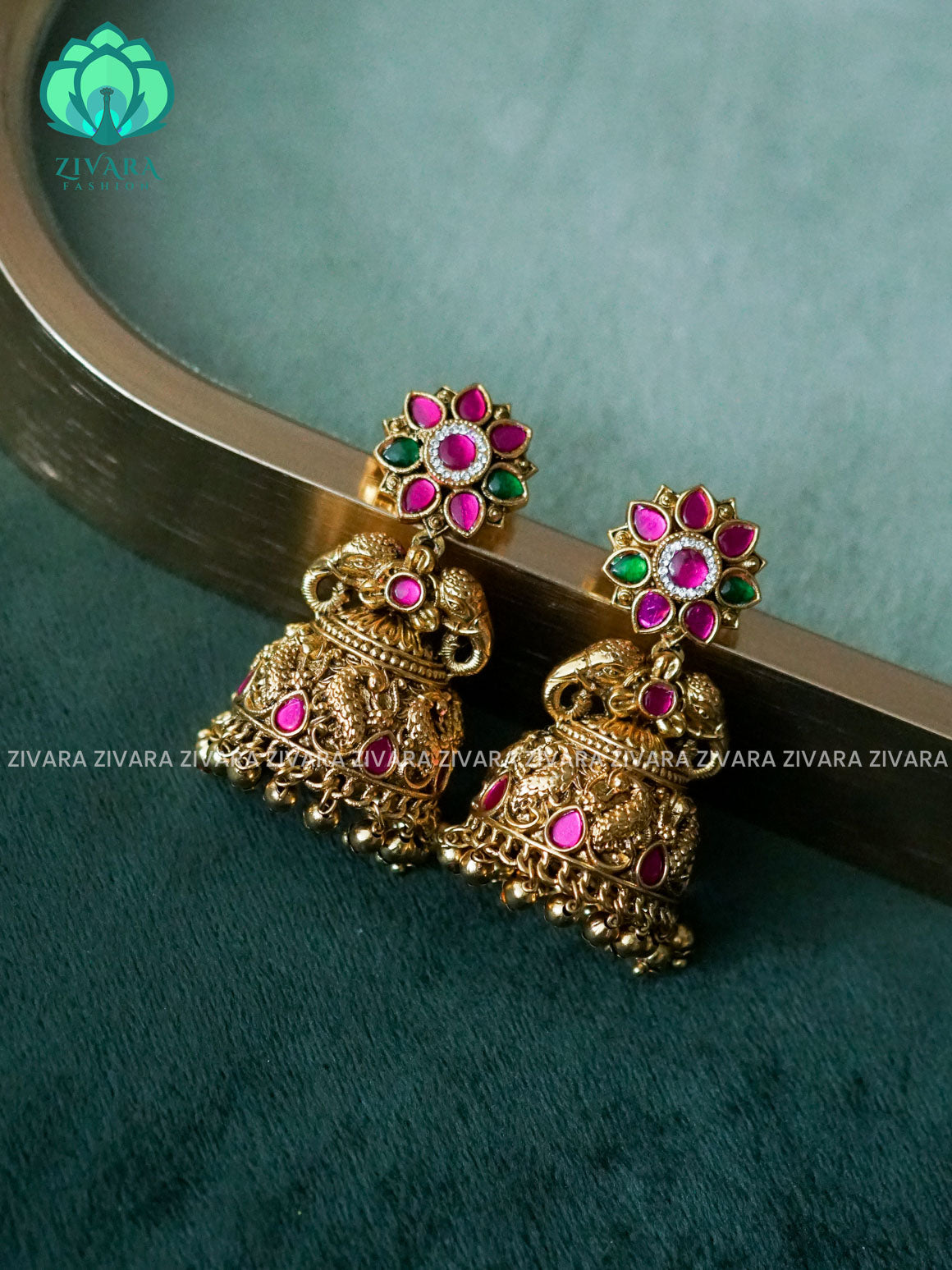 DIYA- EXUBERANT JADAU LOOK A- LIKE JHUMKAS WITH GOLD BEADS HANGINGS - TRADITIONAL PREMIUM MATTE  polish JHUMKA- latest jewellery collection- zivara fashion