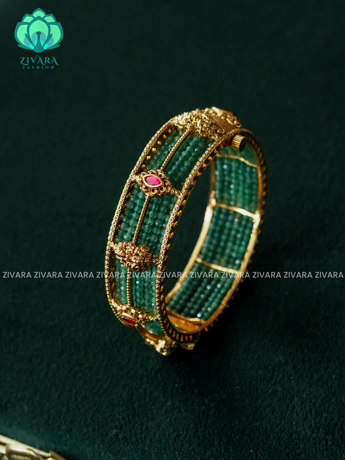 GREEN BEADS TEMPLE 1 piece free size OPEN TYPE KADA - Premium MATTE finish kada bangle- latest jewellery collection- Zivara Fashion
