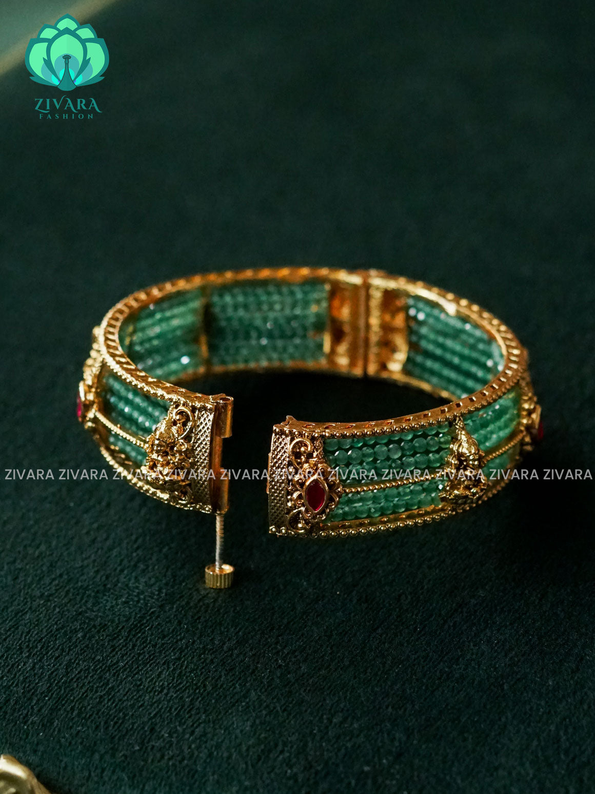 GREEN BEADS TEMPLE 1 piece free size OPEN TYPE KADA - Premium MATTE finish kada bangle- latest jewellery collection- Zivara Fashion