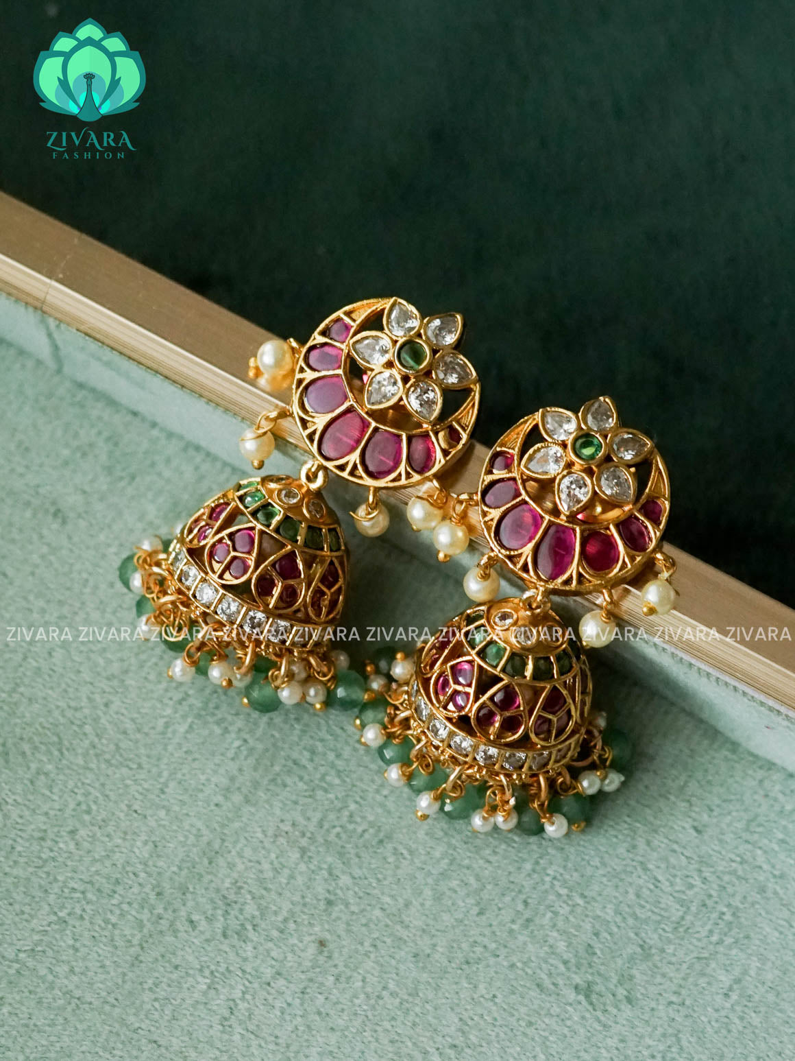 Ruby Green Semi Moon jhumkas - Bridal PREMIUM MATTE  polish JHUMKA- latest jewellery collection- zivara fashion