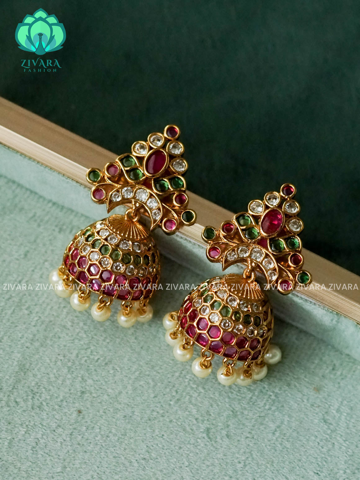 RUBY GREEN STONE flower JHUMKA- Bridal PREMIUM MATTE  polish JHUMKA- latest jewellery collection- zivara fashion