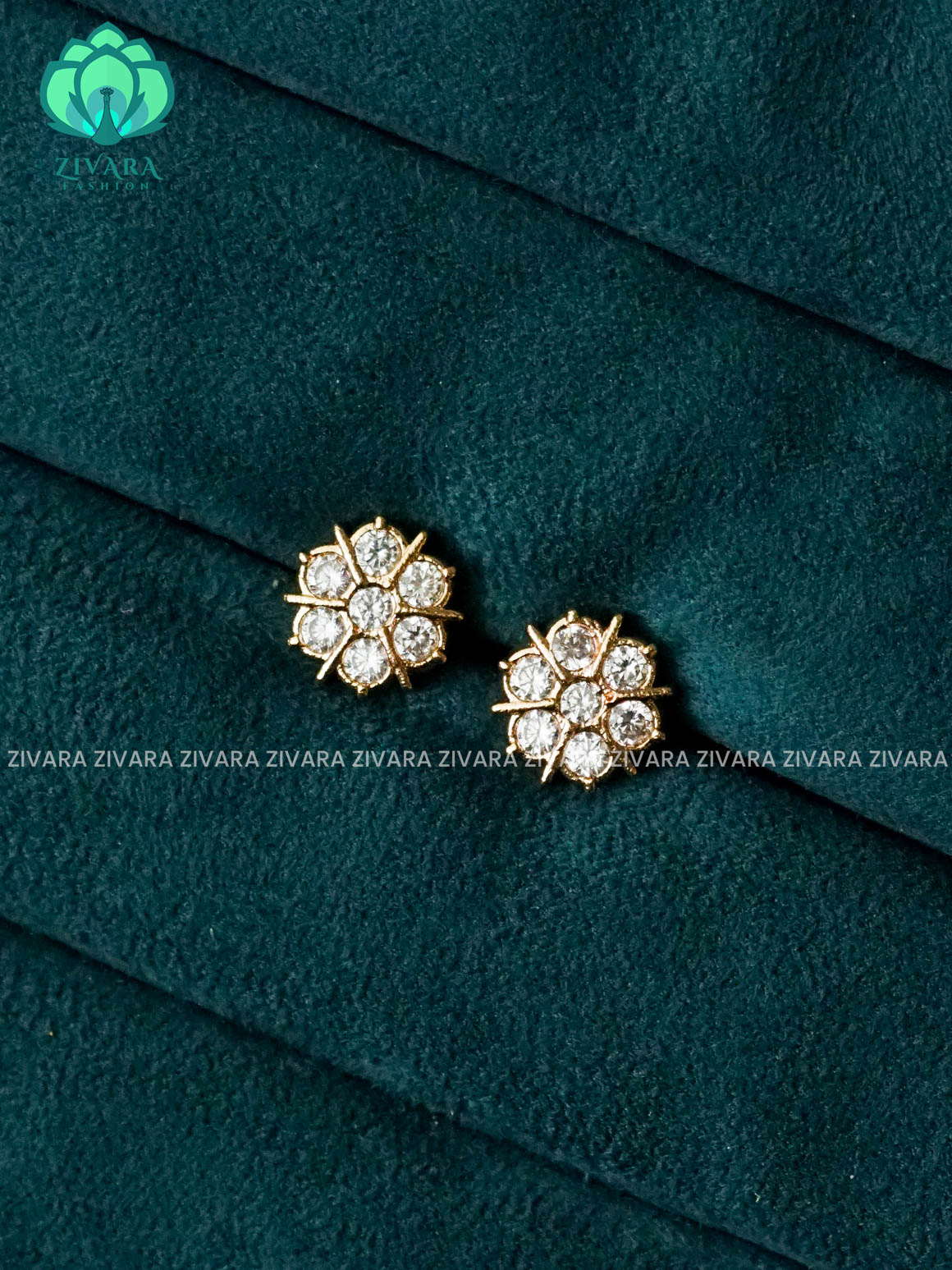 ZYRA- MEDIUM SIZE WHITE AND WHITE STONE FLORAL MICRO  GOLD POLISH STUD - latest jewellery collection- zivara fashion