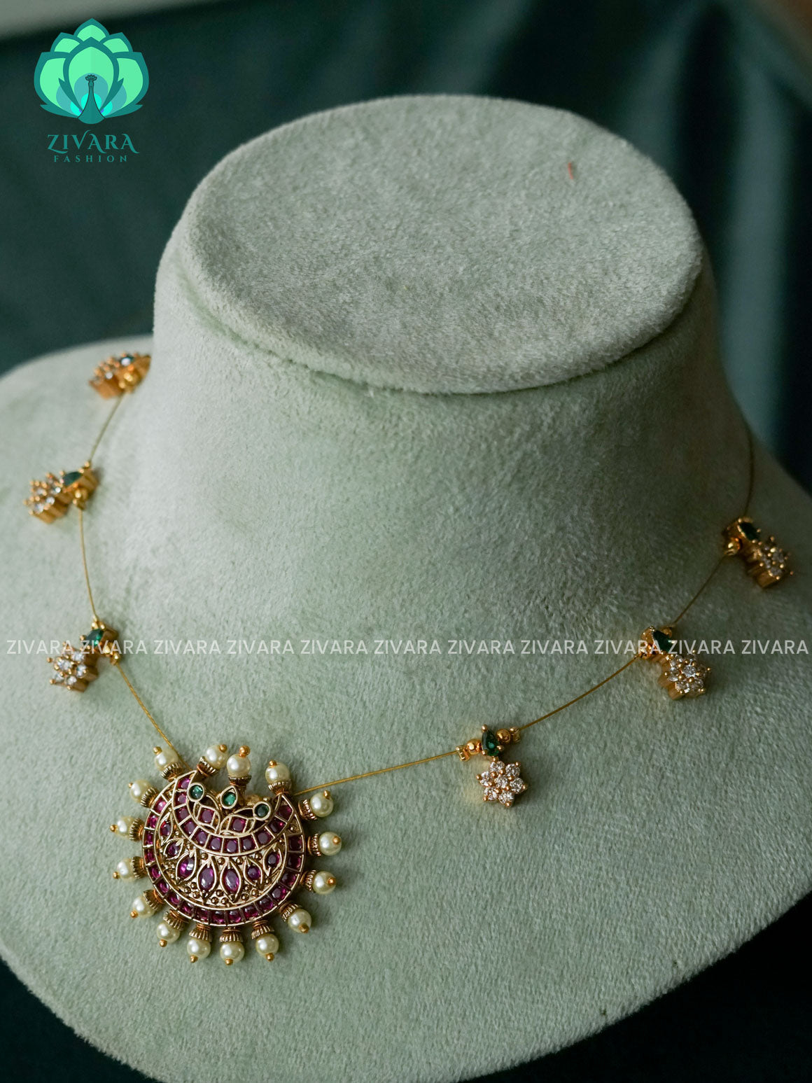 RUBY AND GREEN  MOON -TAMARA INVISIBLE MINIMAL ELEGANT HANDMADE NECKLACE WITH BRILLIANT FINISH MOTIFS- ZIVARA FASHION
