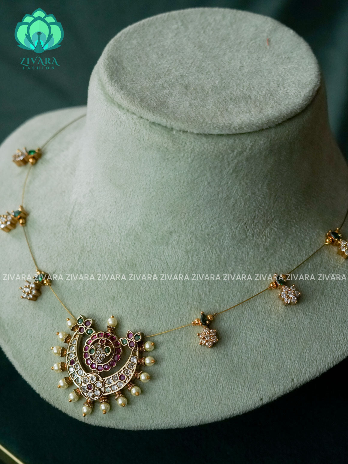 RUBY AND GREEN  MOON -TAMARA INVISIBLE MINIMAL ELEGANT HANDMADE NECKLACE WITH BRILLIANT FINISH MOTIFS- ZIVARA FASHION