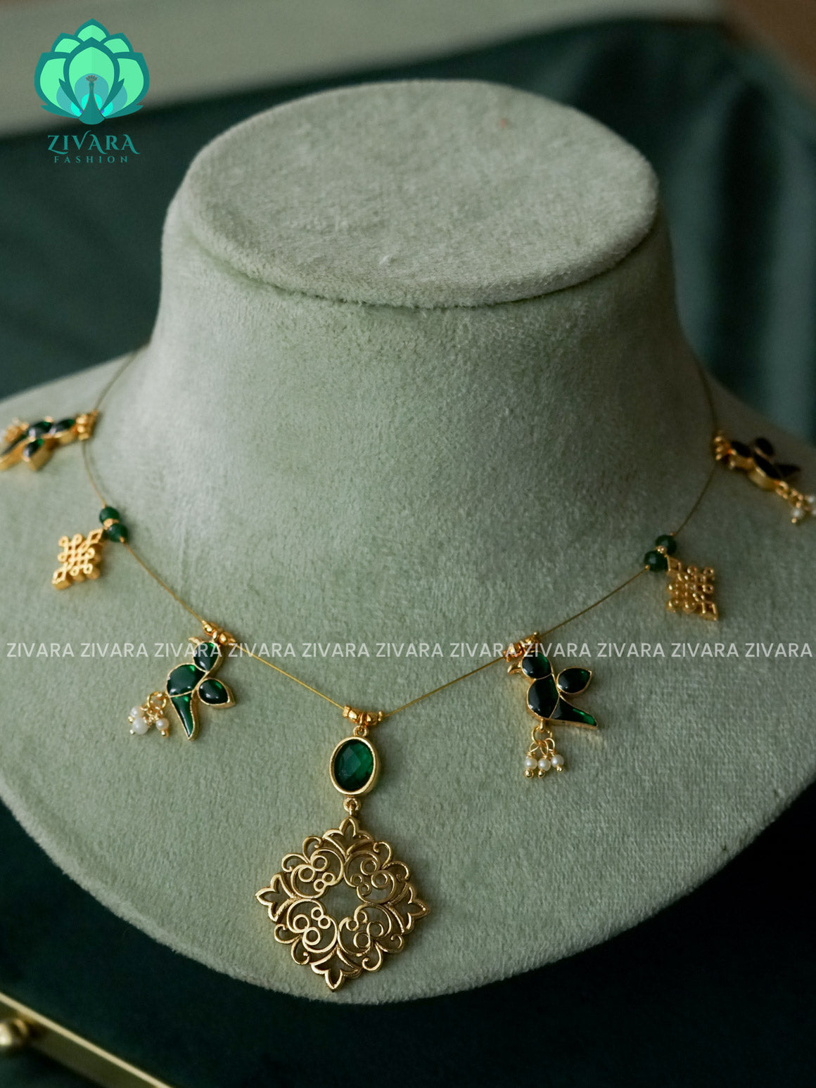 GREEN  PARROT - TAMARA pendant INVISIBLE MINIMAL ELEGANT HANDMADE NECKLACE WITH BRILLIANT FINISH MOTIFS- ZIVARA FASHION