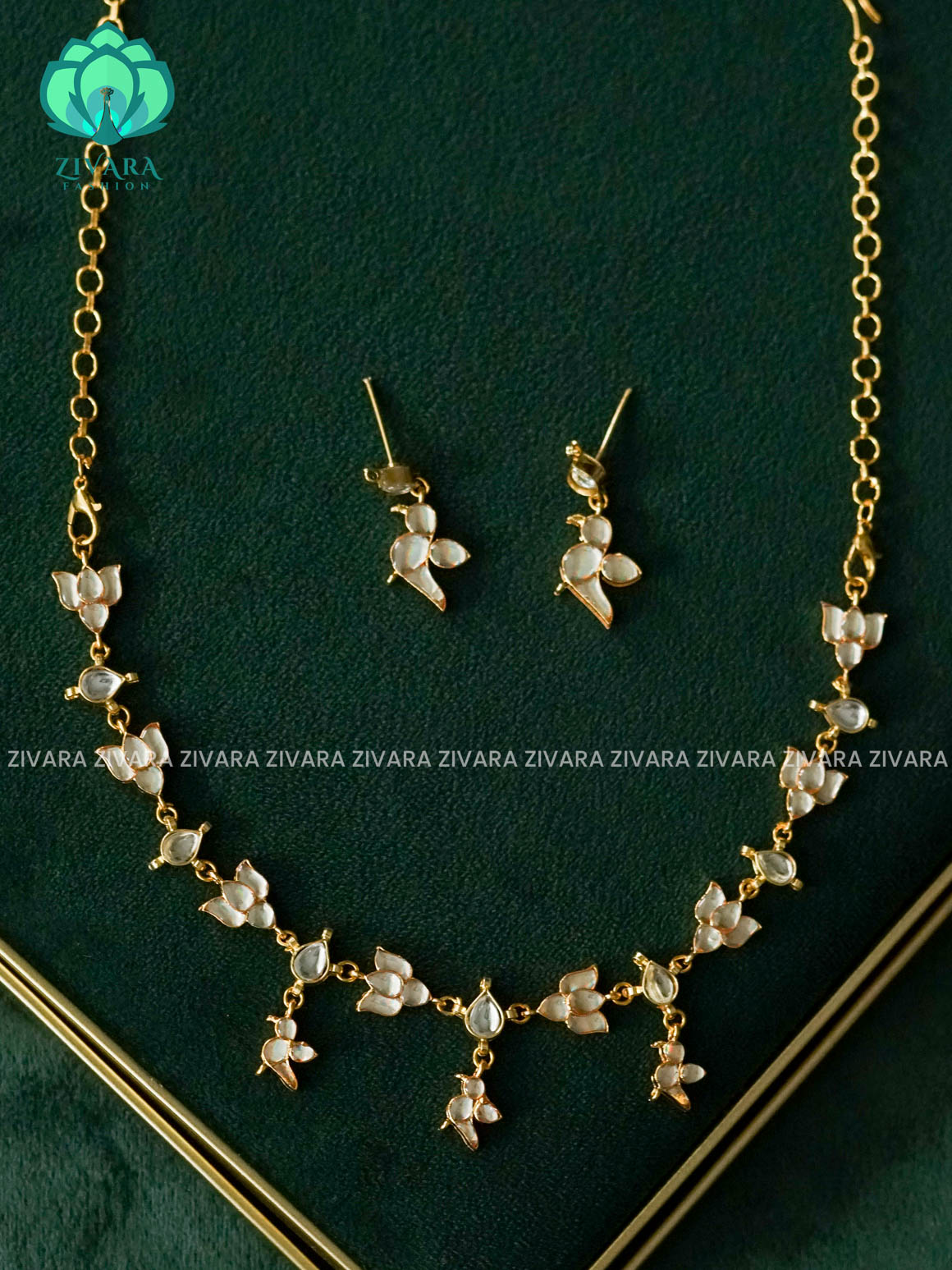 KAMALI -WHITE JADAU HANDMADE NECKWEAR WITH GREEN BEADS HANGINGS - Zivara Fashion - latest jewellery design