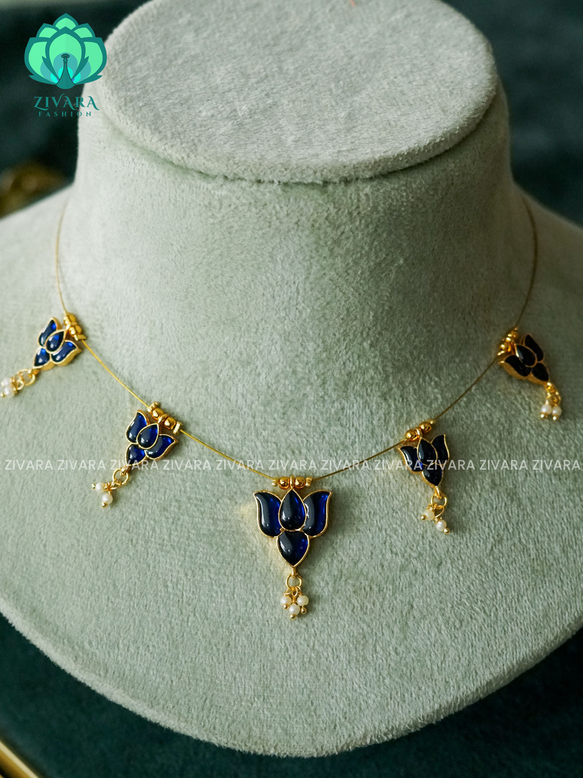 BLUE  LOTUS  TAMARA  INVISIBLE MINIMAL ELEGANT HANDMADE NECKLACE WITH BRILLIANT FINISH MOTIFS- ZIVARA FASHION