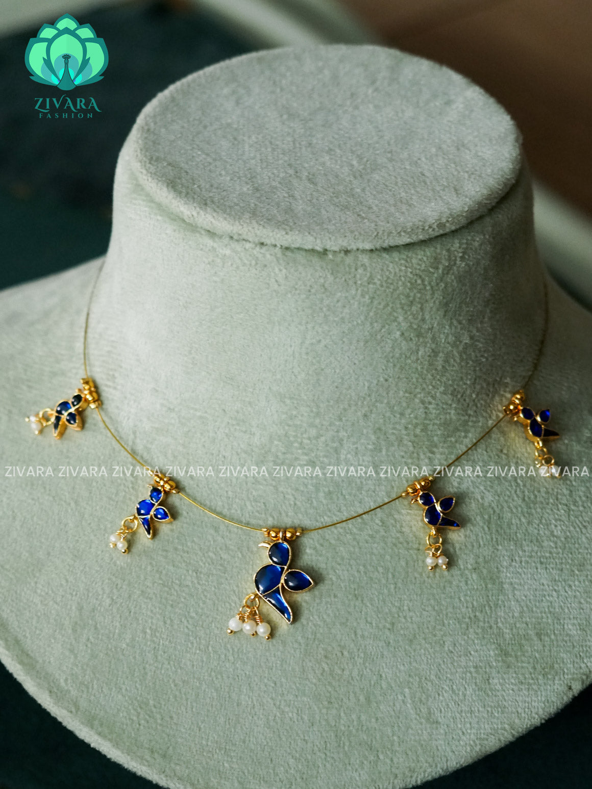 BLUE  PARROT -TAMARA INVISIBLE MINIMAL ELEGANT HANDMADE NECKLACE WITH BRILLIANT FINISH MOTIFS- ZIVARA FASHION