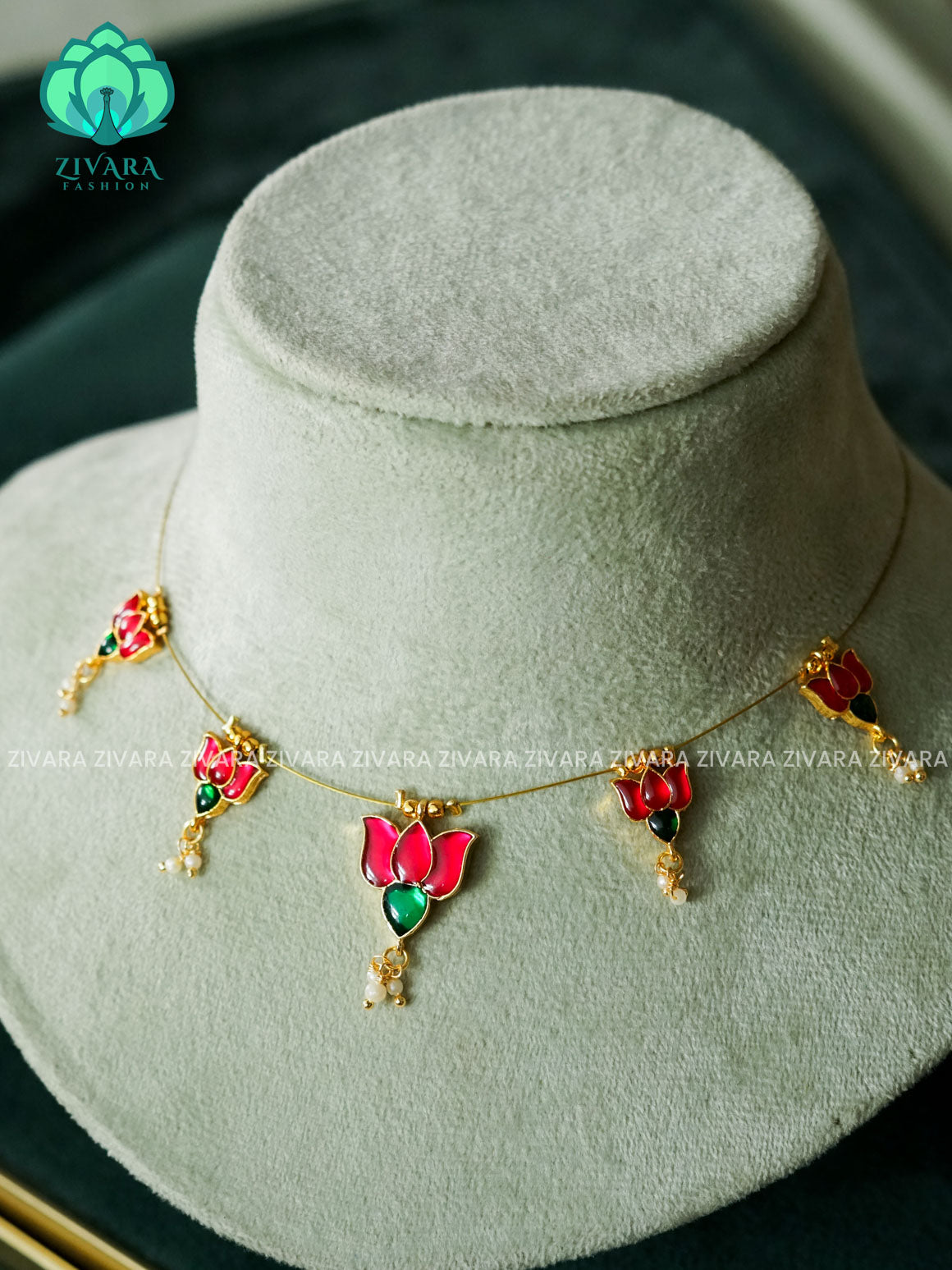 RUBY AND  GREEN  LOTUS  TAMARA  INVISIBLE MINIMAL ELEGANT HANDMADE NECKLACE WITH BRILLIANT FINISH MOTIFS- ZIVARA FASHION