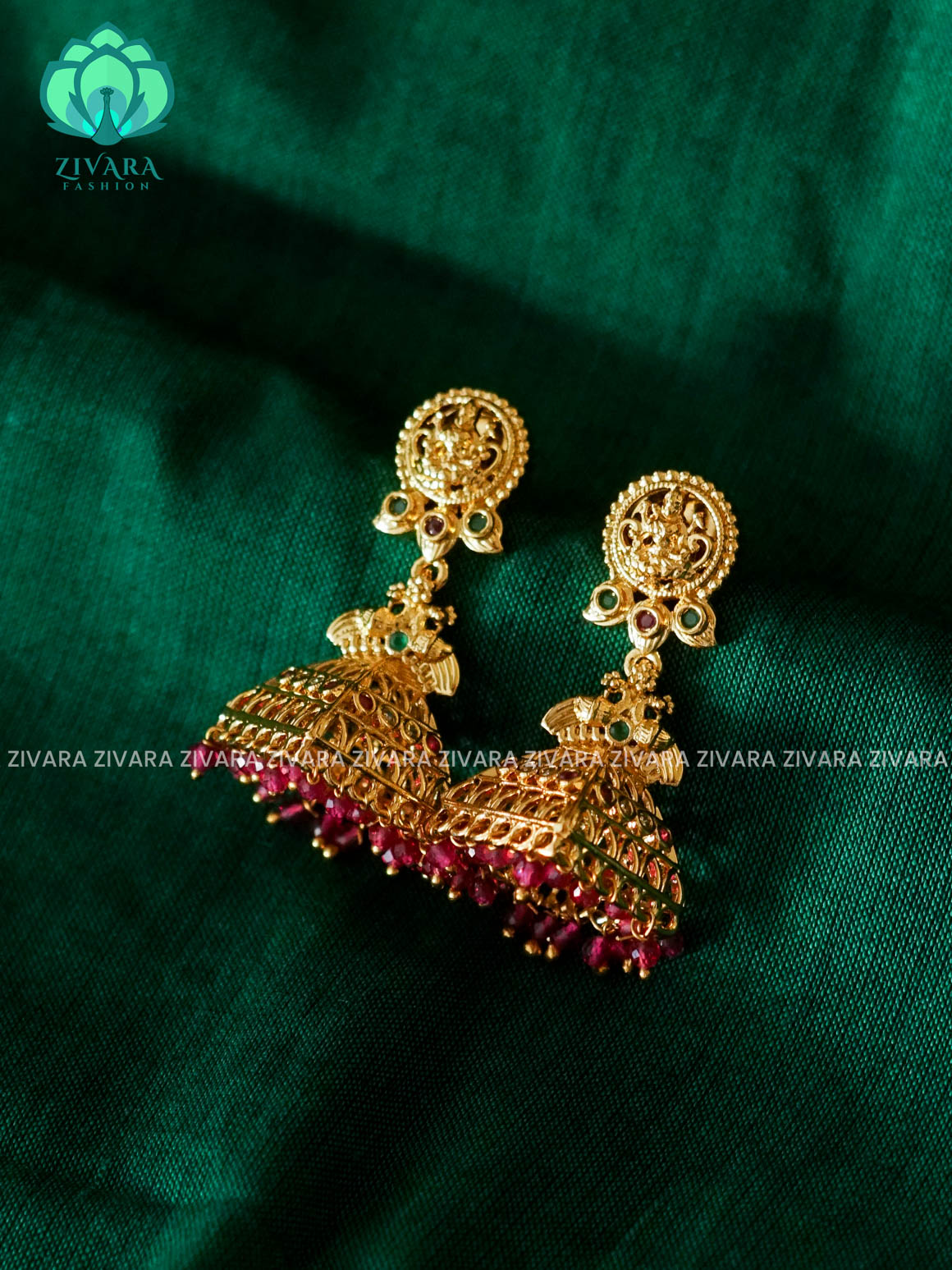 TEMPLE RUBY GREEN  Vintage TRADITIONAL PREMIUM MATTE  polish JHUMKA- latest jewellery collection- zivara fashion