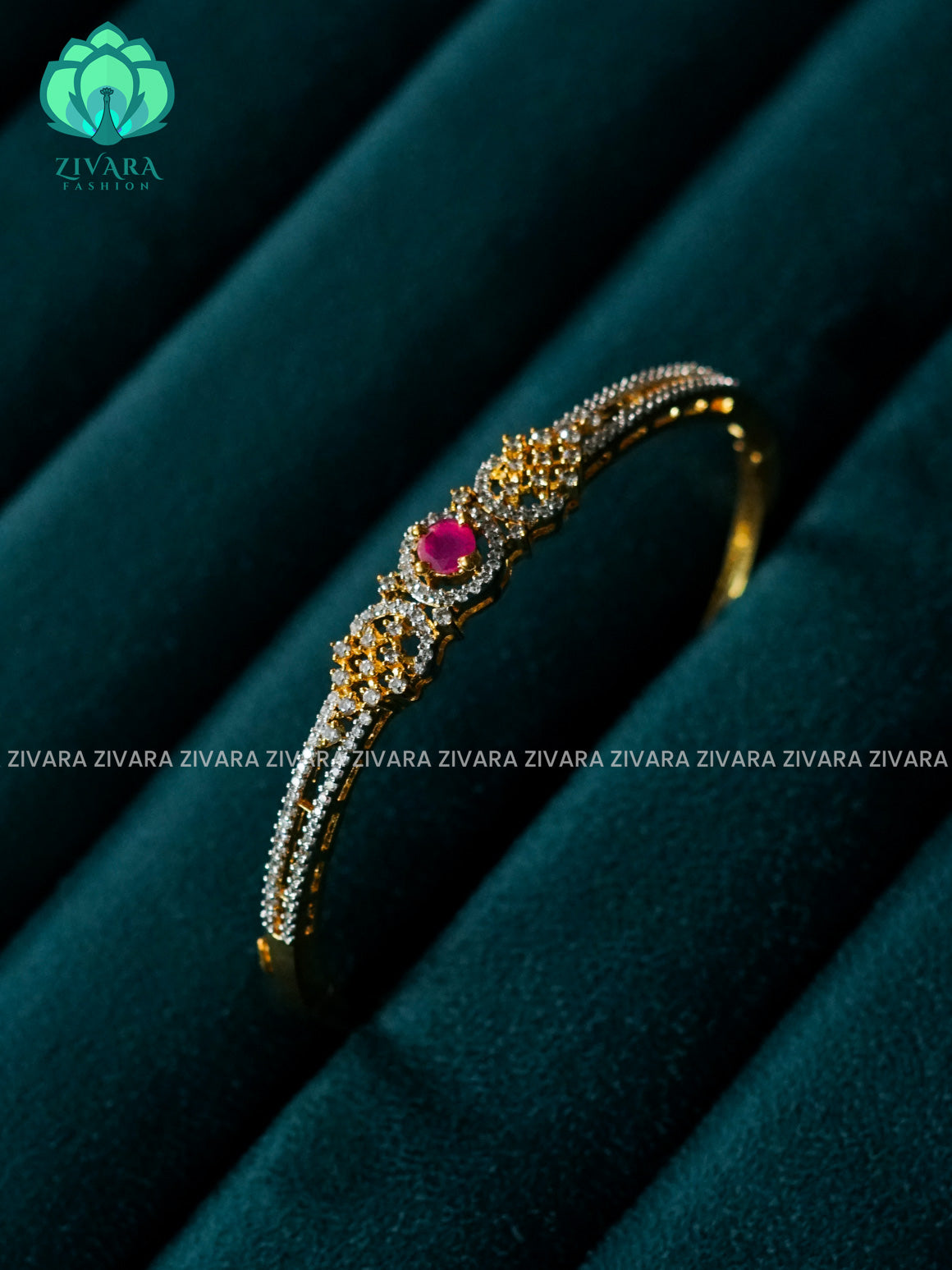 ZYRA - 1 piece ruby and white stone motif micro gold polish free size KADA  - Premium quality daily use KADA - Zivara fashion