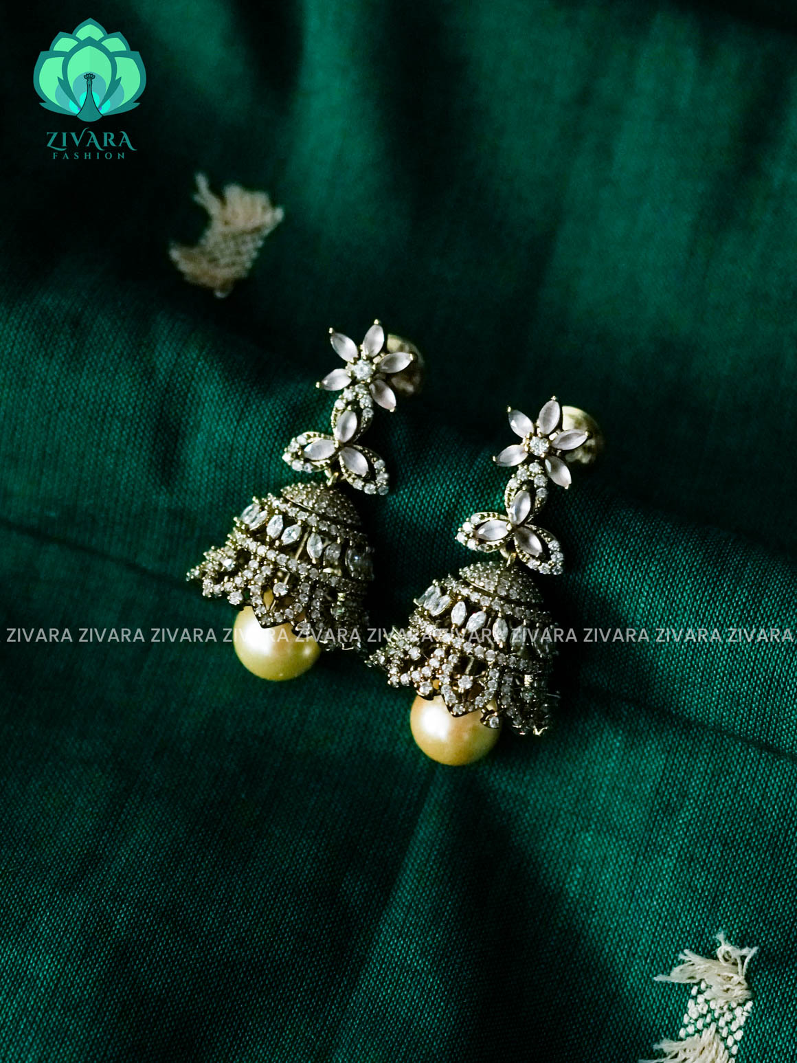 PASTEL PINK WHITE  AD STONE FLORAL JHUMKA - Premium matte polish - latest trending collection - ZIVARA FASHION