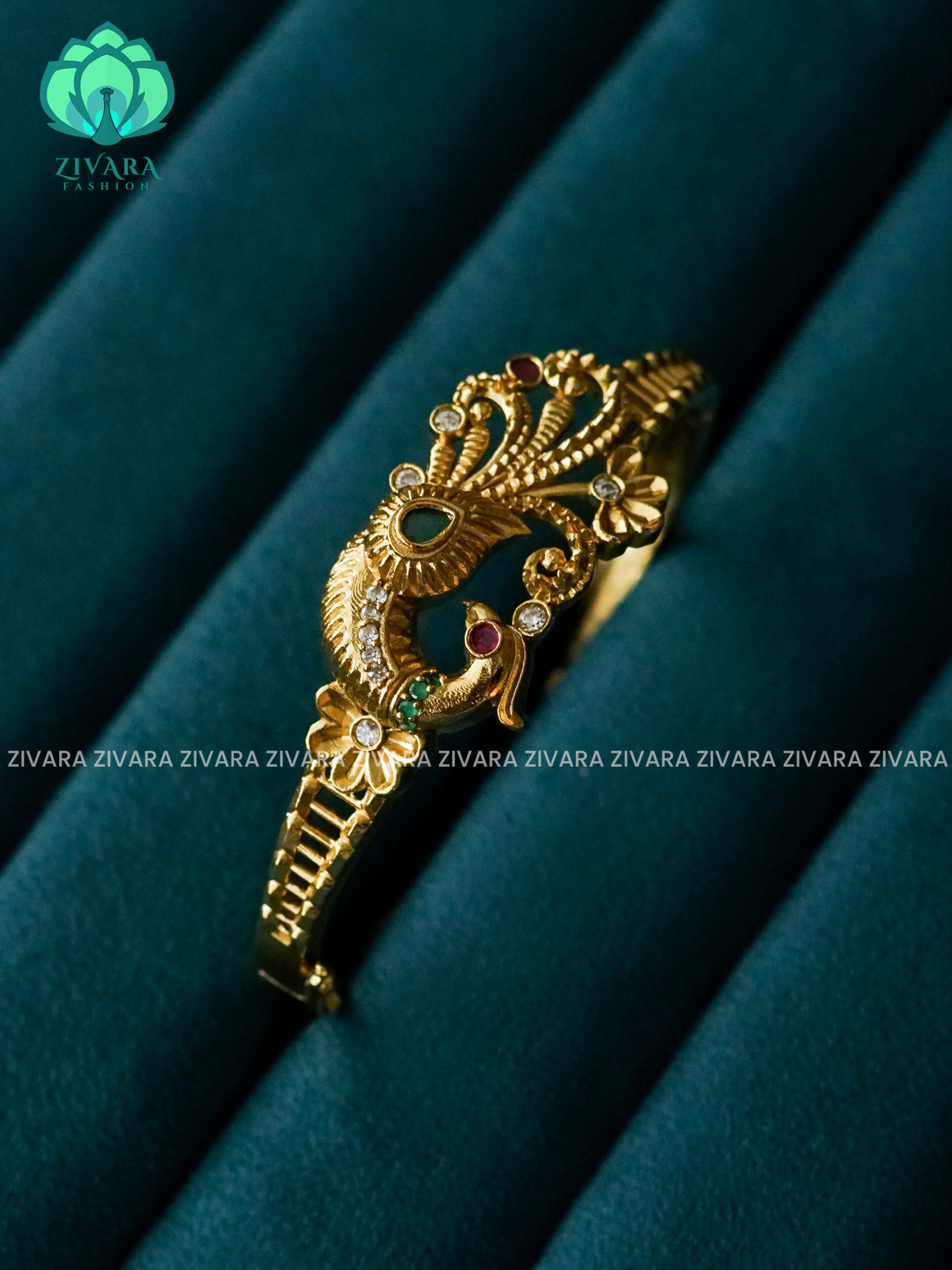 1 piece REAL KEMP PEACOCK KADA - Premium gold FINISH free size screw type kada bangle- latest jewellery collection- Zivara Fashion