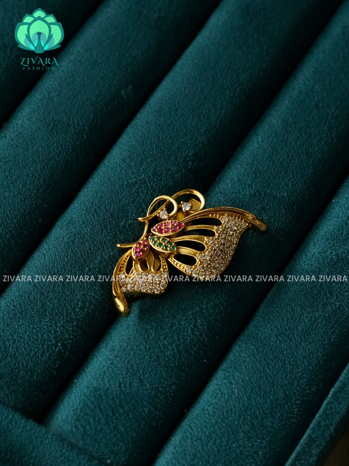 BUTTERFLY RUBY GREEN WHITE STONE SAREE PIN - TRADITIONAL HAIR ACCESSORIES - ZIVARA FASHION