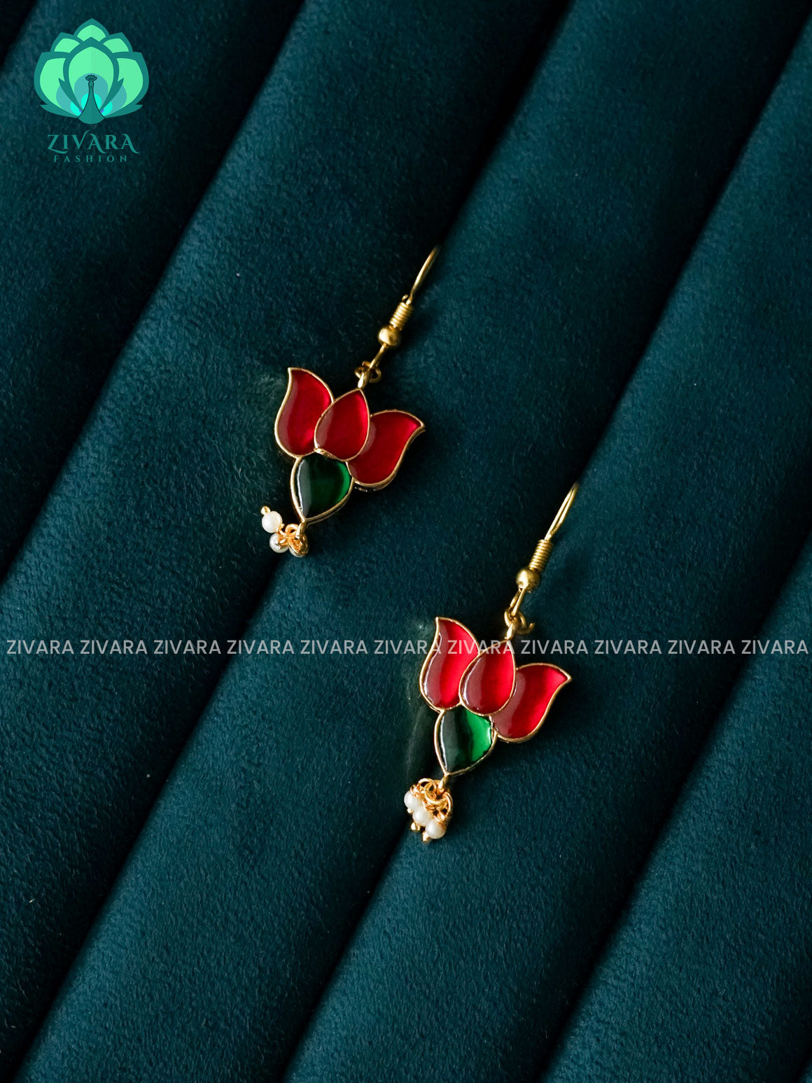 KAMALI - PINK AND GREEN LOTUS HOOK EARINGS - Zivara Fashion - latest jewellery design