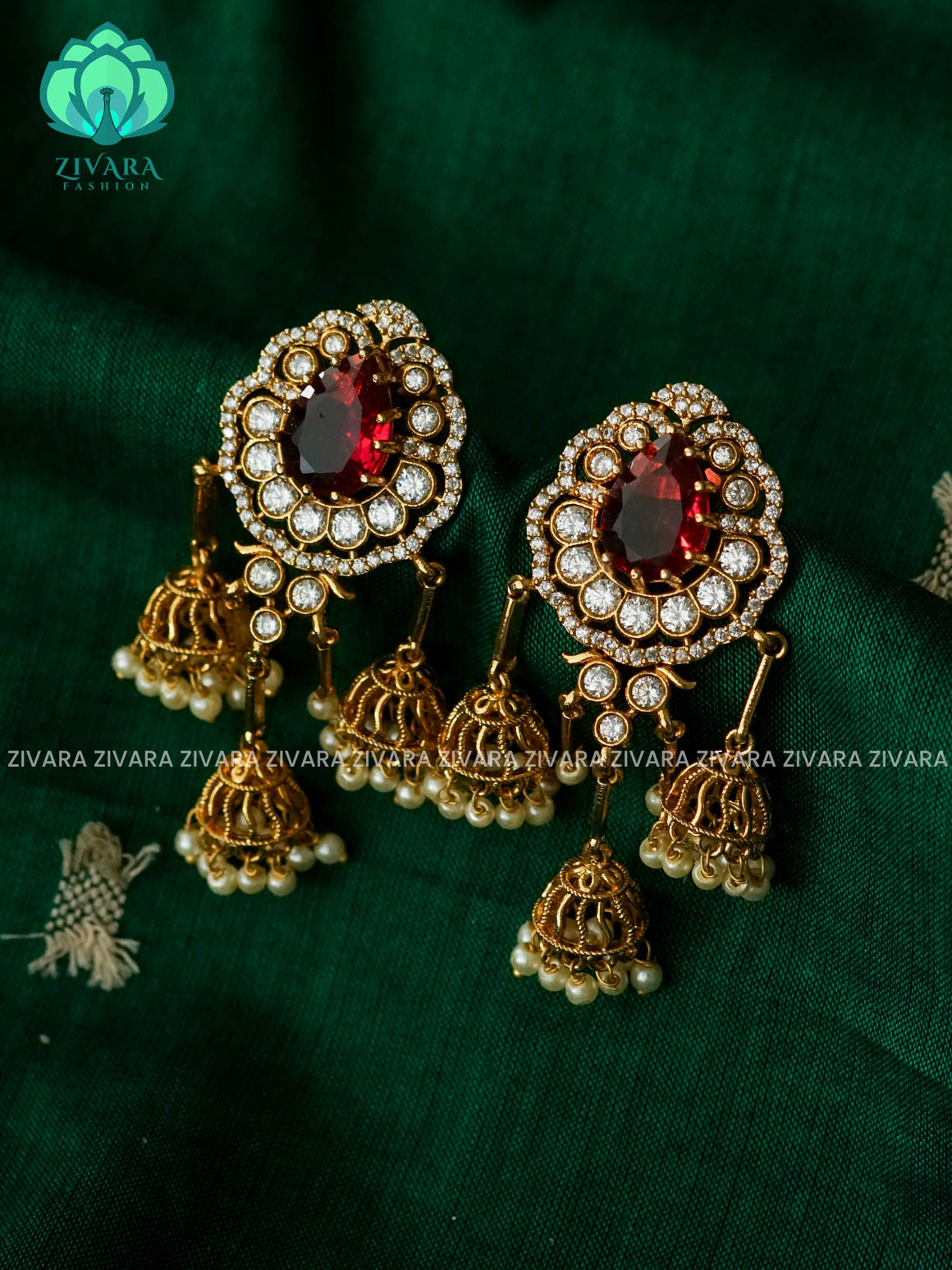 DIYA - RUBY MINI CHANDELIER JHUMKA -  PREMIUM MATTE polish - latest jewellery collection- zivara fashion
