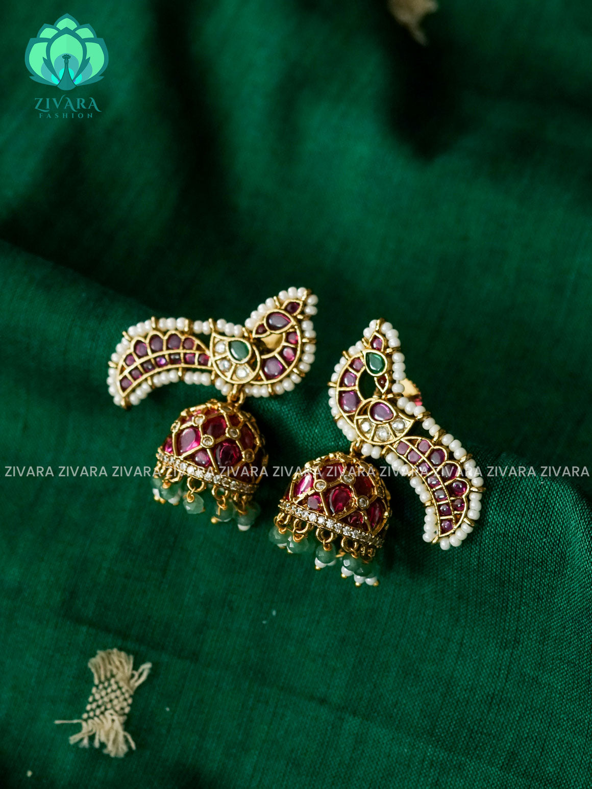 PEACOCK REAL KEMP STONE - TRADITIONAL PREMIUM MATTE  polish JHUMKA- latest jewellery collection- zivara fashion