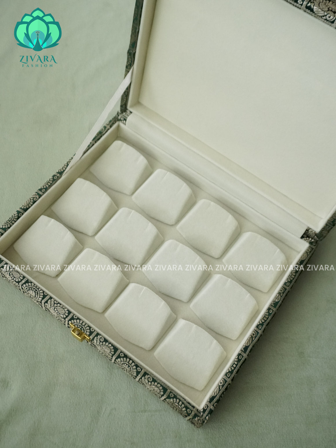 GREEN  BROCADE - JHUMKA BOX - JEWELLERY ORGANISER FOR GOLD JEWELLERY - ZIVARA FASHION