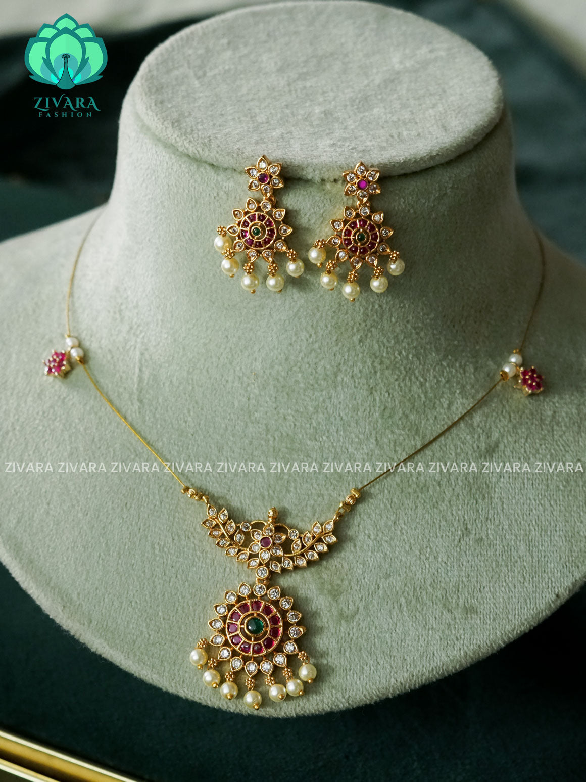 KAMALI - RUBY GREEN STAR TEAR PENDANT - TAMARA  INVISIBLE MINIMAL ELEGANT HANDMADE NECKLACE WITH BRILLIANT FINISH MOTIFS- ZIVARA FASHION