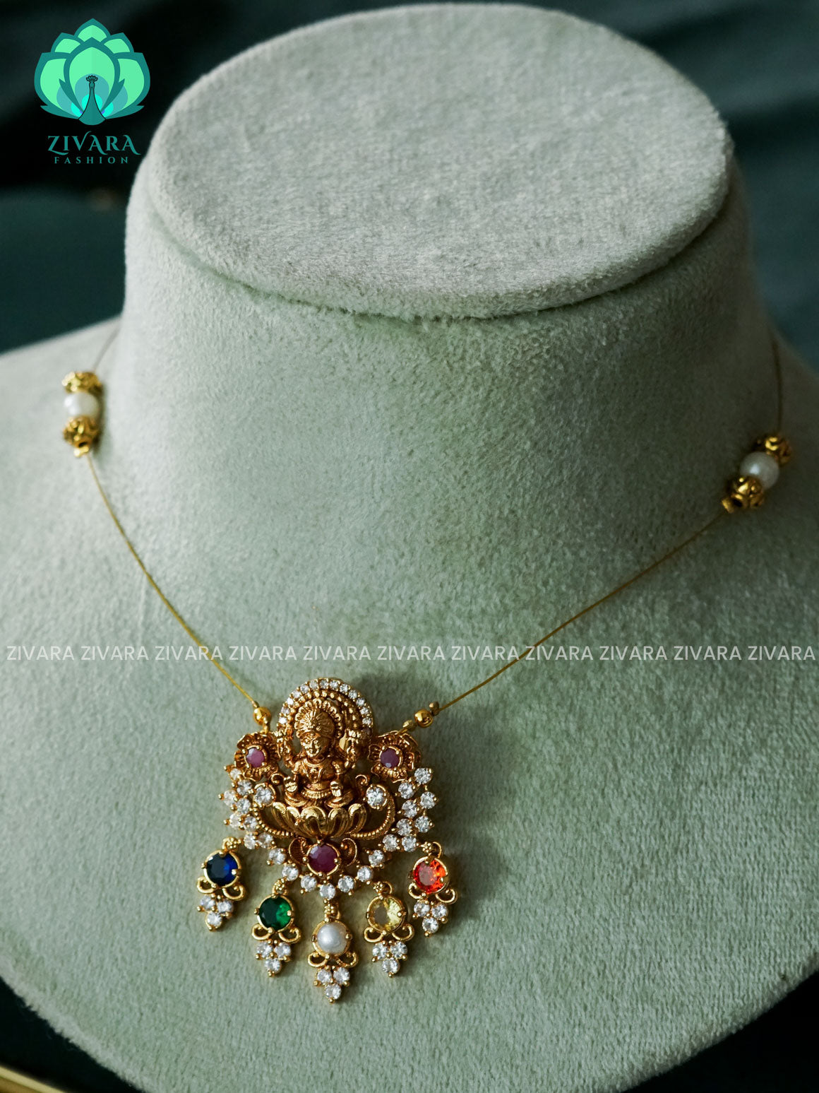 KAMALI - NAVARATNA TEMPLE PENDANT - TAMARA  INVISIBLE MINIMAL ELEGANT HANDMADE NECKLACE WITH BRILLIANT FINISH MOTIFS- ZIVARA FASHION