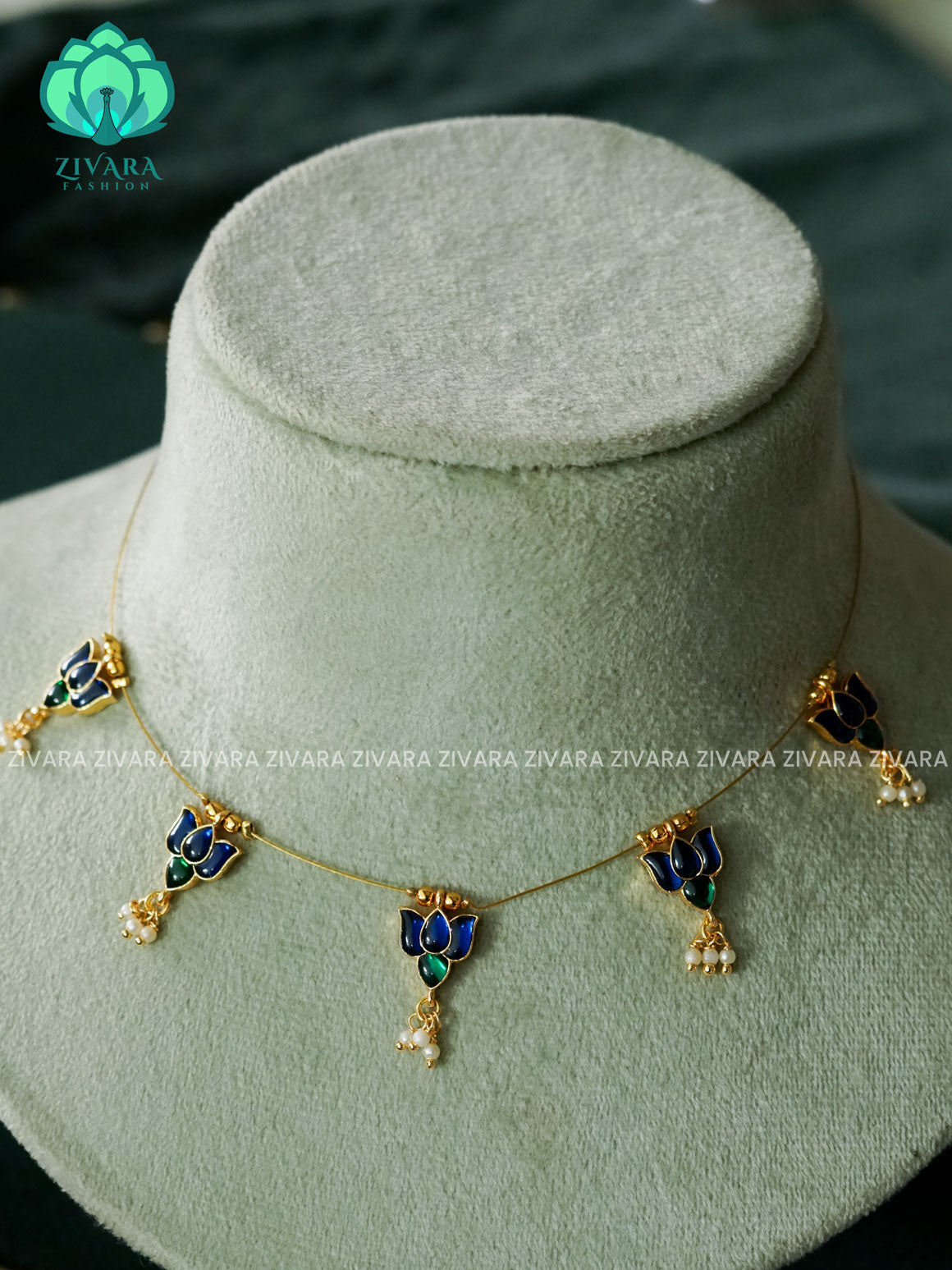 KAMALI -Blue and green lotus  -TAMARA INVISIBLE MINIMAL ELEGANT HANDMADE NECKLACE WITH BRILLIANT FINISH MOTIFS- ZIVARA FASHION