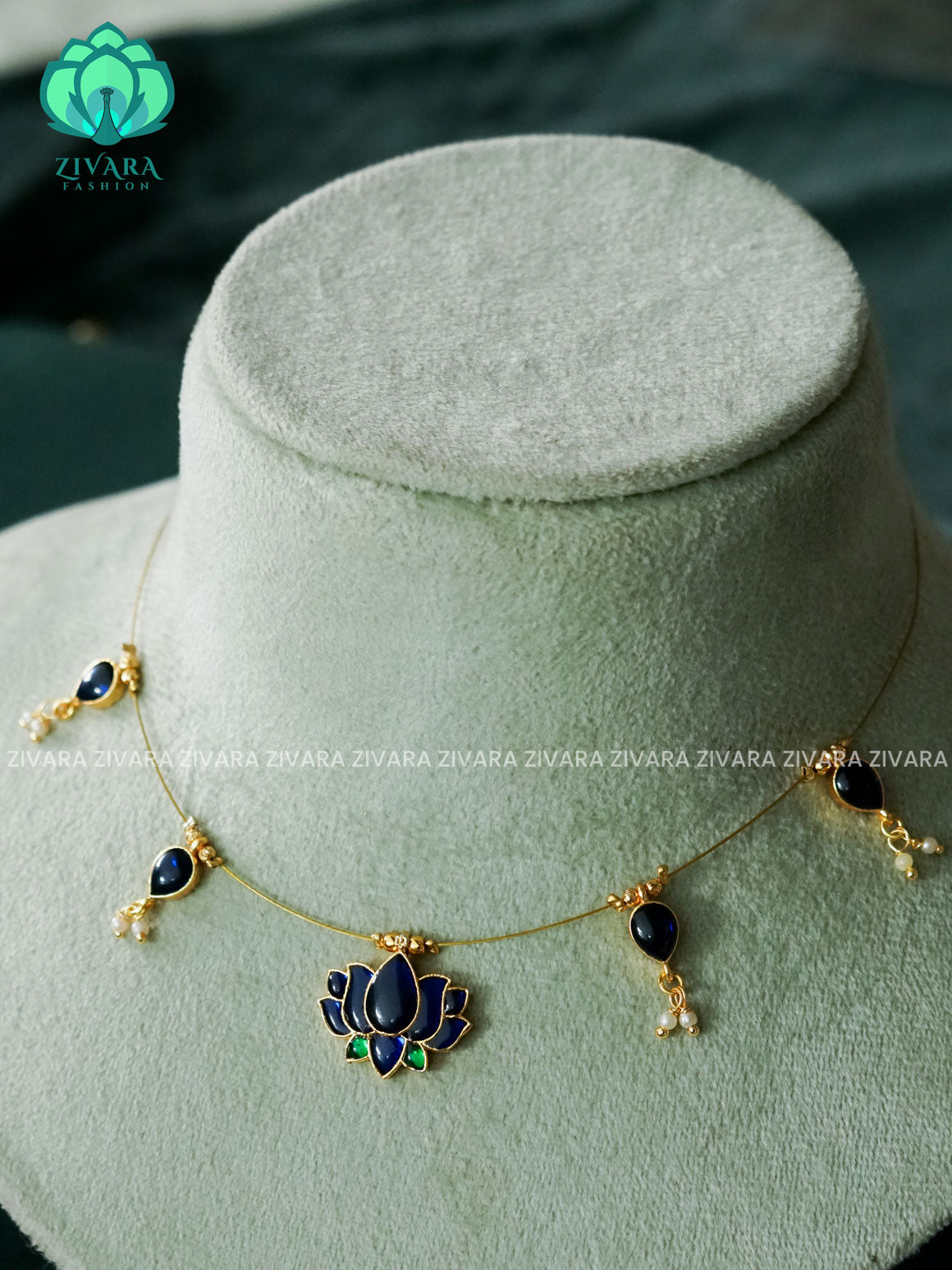 KAMALI - BLUE GREEN LOTUS WITH TEAR - TAMARA  INVISIBLE MINIMAL ELEGANT HANDMADE NECKLACE WITH BRILLIANT FINISH MOTIFS- ZIVARA FASHION