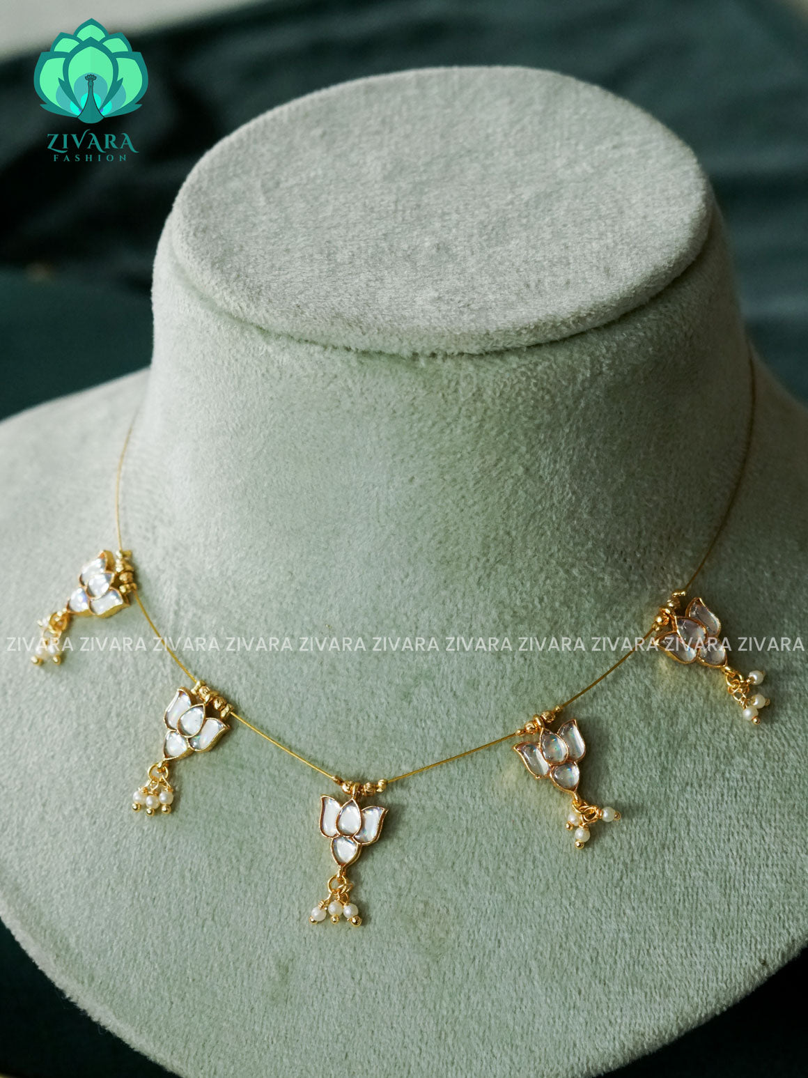 KAMALI - WHITE LOTUS - TAMARA  INVISIBLE MINIMAL ELEGANT HANDMADE NECKLACE WITH BRILLIANT FINISH MOTIFS- ZIVARA FASHION