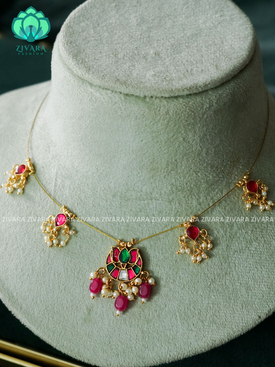 KAMALI - JADAU LOTUS CHAND PENDANT - TAMARA  INVISIBLE MINIMAL ELEGANT HANDMADE NECKLACE WITH BRILLIANT FINISH MOTIFS- ZIVARA FASHION